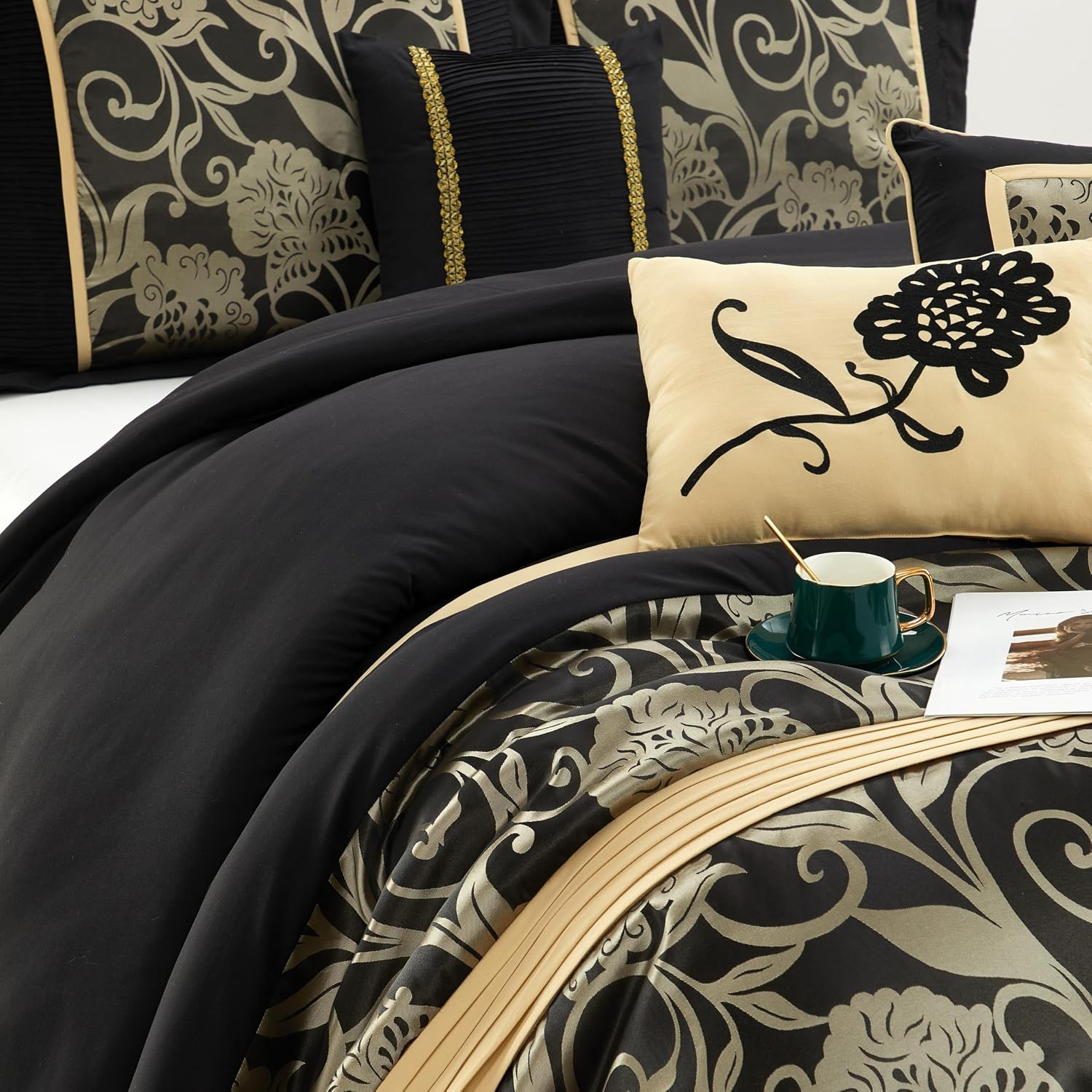 Stratford Park Jacquard 7-Piece Comforter Bedding Set, Black, Bed Size King, Floral Bedding Set, Matching Bedskirt, Pillows & Shams