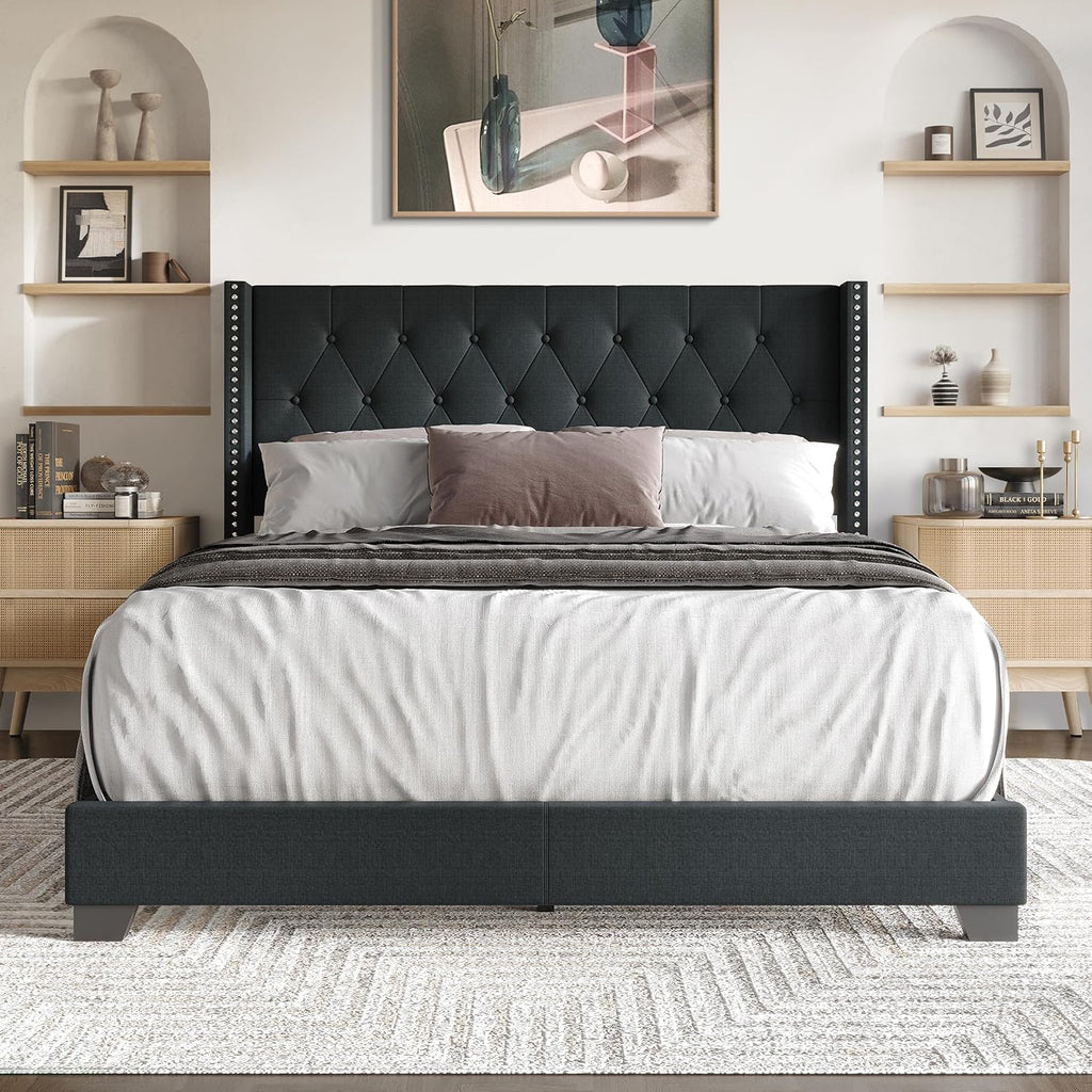 Queen Button Tufted Wingback Linen Upholstered Bed, Charcoal Grey
