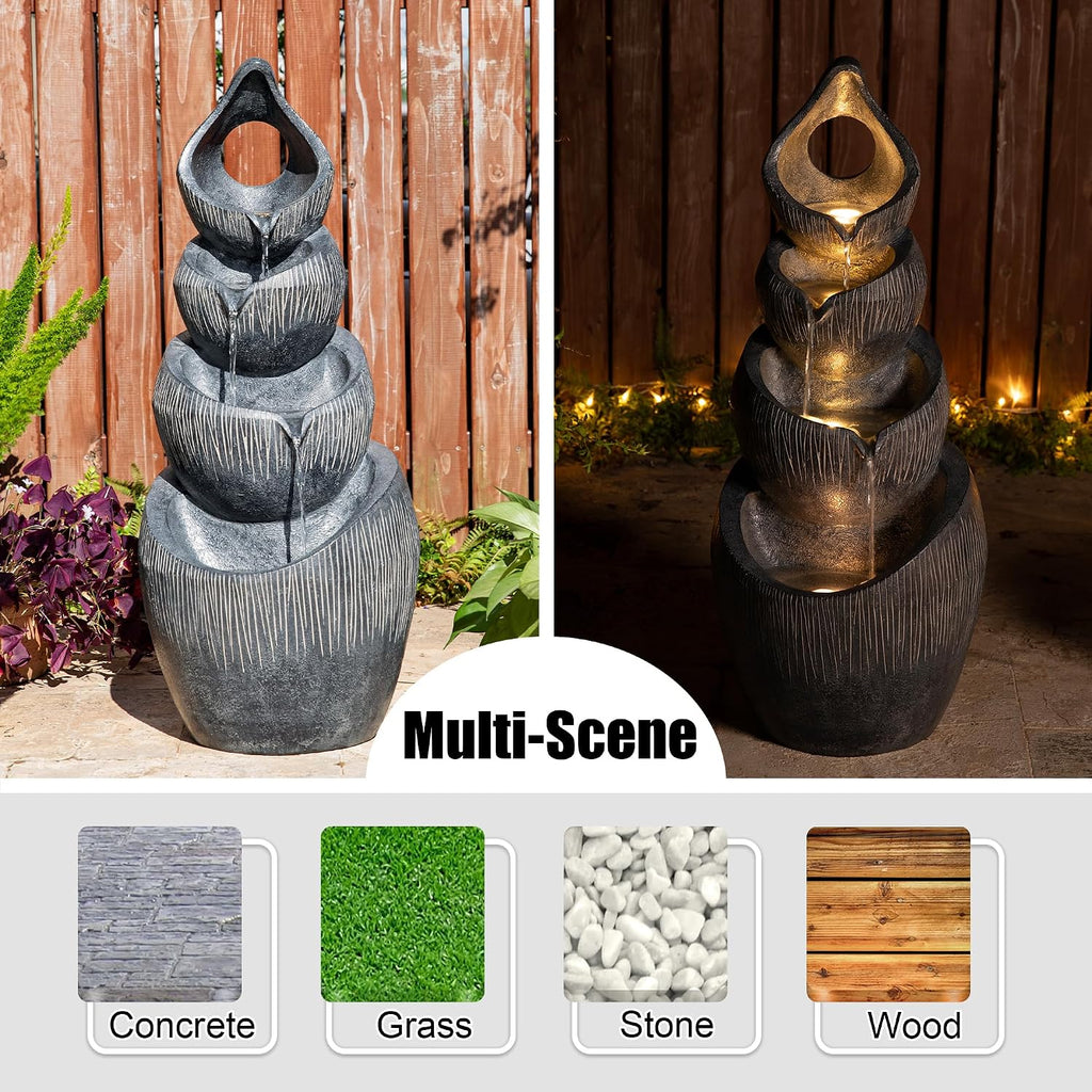 Glitzhome Outdoor Fountain with Lights & Pump, 34' H 4-Tiered Cascading Zen-Style Water Fountain Outdoor, Alms Bowl Polyresin Waterfall Water Feature for Garden, Patio, Yard, Deck Decor