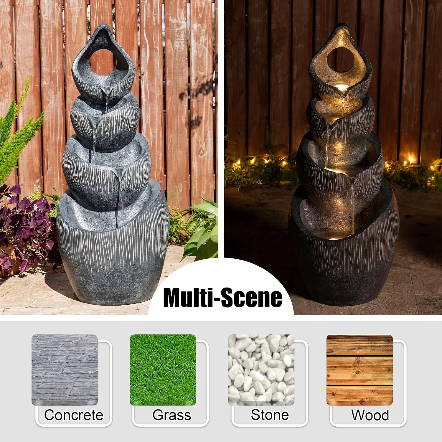 Glitzhome Outdoor Fountain with Lights & Pump, 34' H 4-Tiered Cascading Zen-Style Water Fountain Outdoor, Alms Bowl Polyresin Waterfall Water Feature for Garden, Patio, Yard, Deck Decor