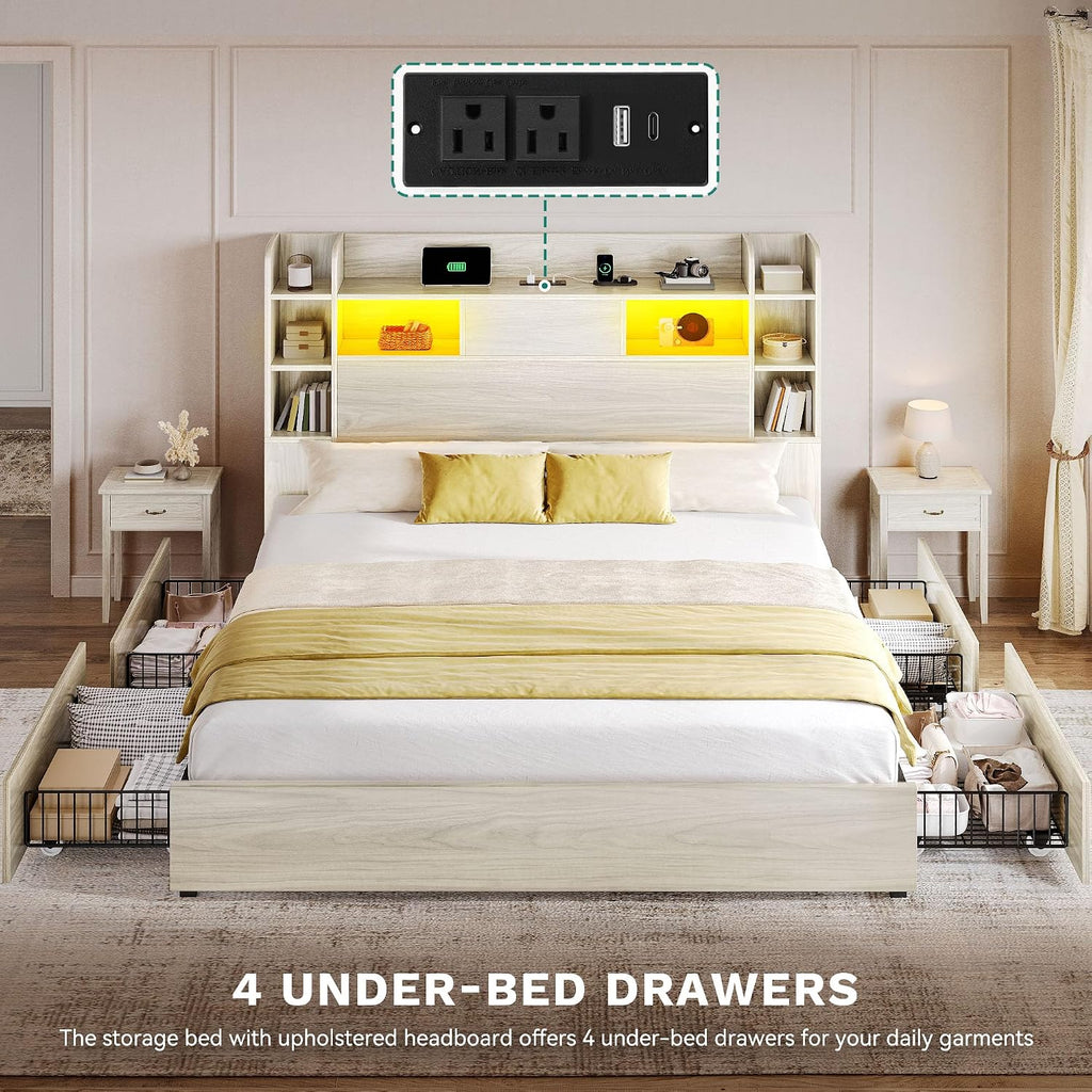 DWVO Queen Size Bed Frame with Bookcase Headboard and 4 Storage Drawers, RGB LED Bed Frame with Type-C & USB Charging Station Storage Headboard Bed, No Box Spring Needed, Noise Free, Antique White