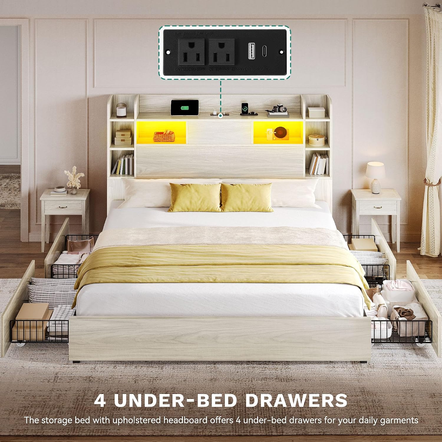 DWVO Queen Size Bed Frame with Bookcase Headboard and 4 Storage Drawers, RGB LED Bed Frame with Type-C & USB Charging Station Storage Headboard Bed, No Box Spring Needed, Noise Free, Antique White