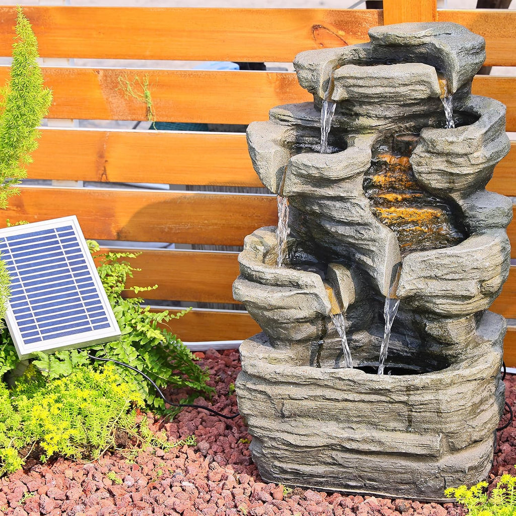Bumilgar 6 Tier Cascading Rock Solar Water Fountain Outdoor Garden Waterfall Decor for Garden, Patio, Backyard, Deck, Porch and Home Art Decor,24.4' H Outdoor Fountain with LED Lights