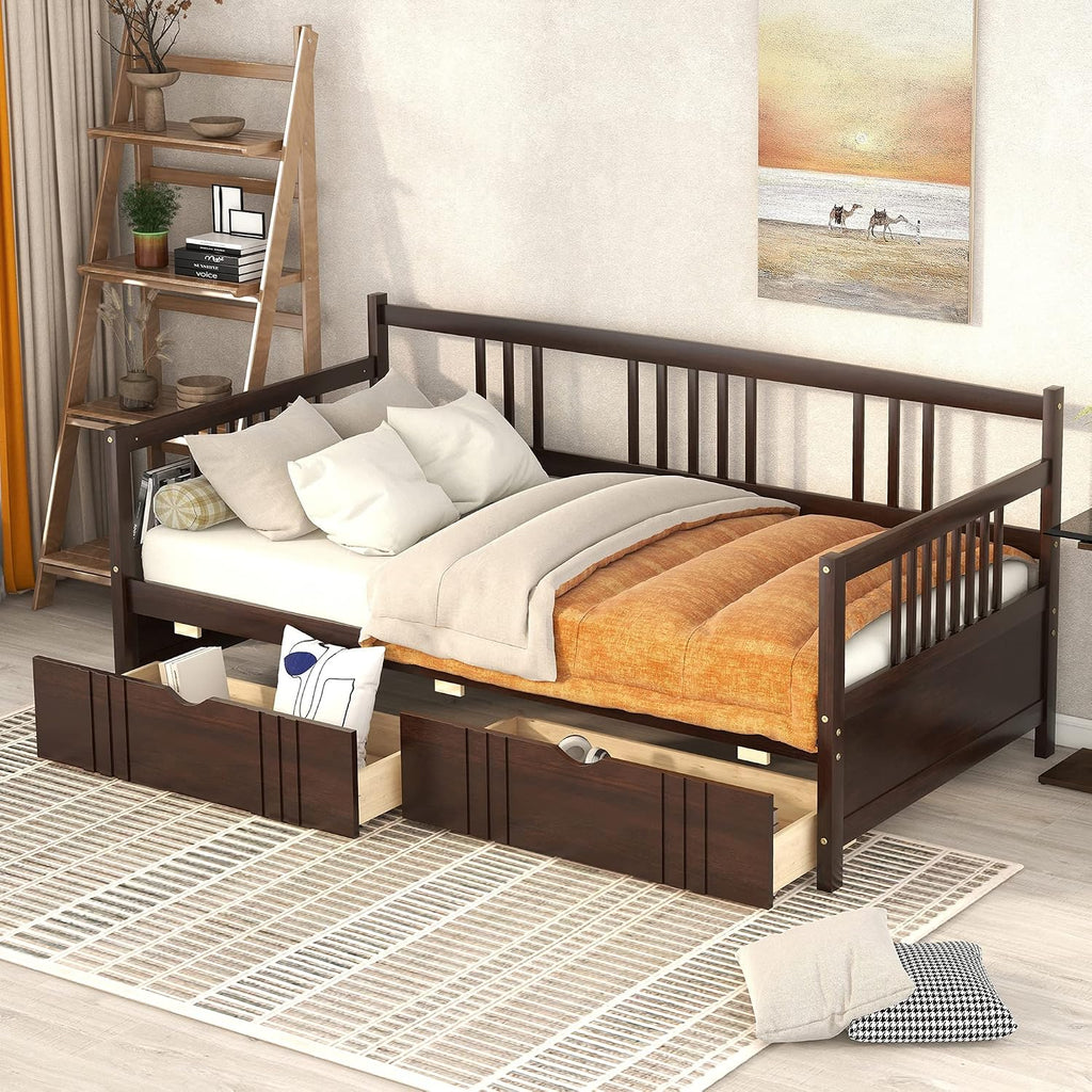 Merax Daybed Bed Wooden Slats Support Modern Living Daybed with Rails (Twin with Drawers, Espresso)