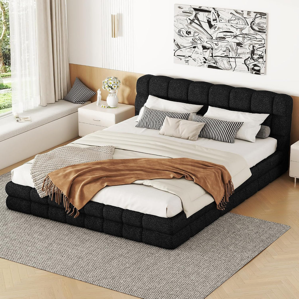 Ball & Cast Queen Size Low Bed Frame with Soft Fleece Headboard, Grounded Floor Platform Bed with Wood Slats Support for Kids Teens Adults, No Box Spring Needed,Easy Assembly,Black