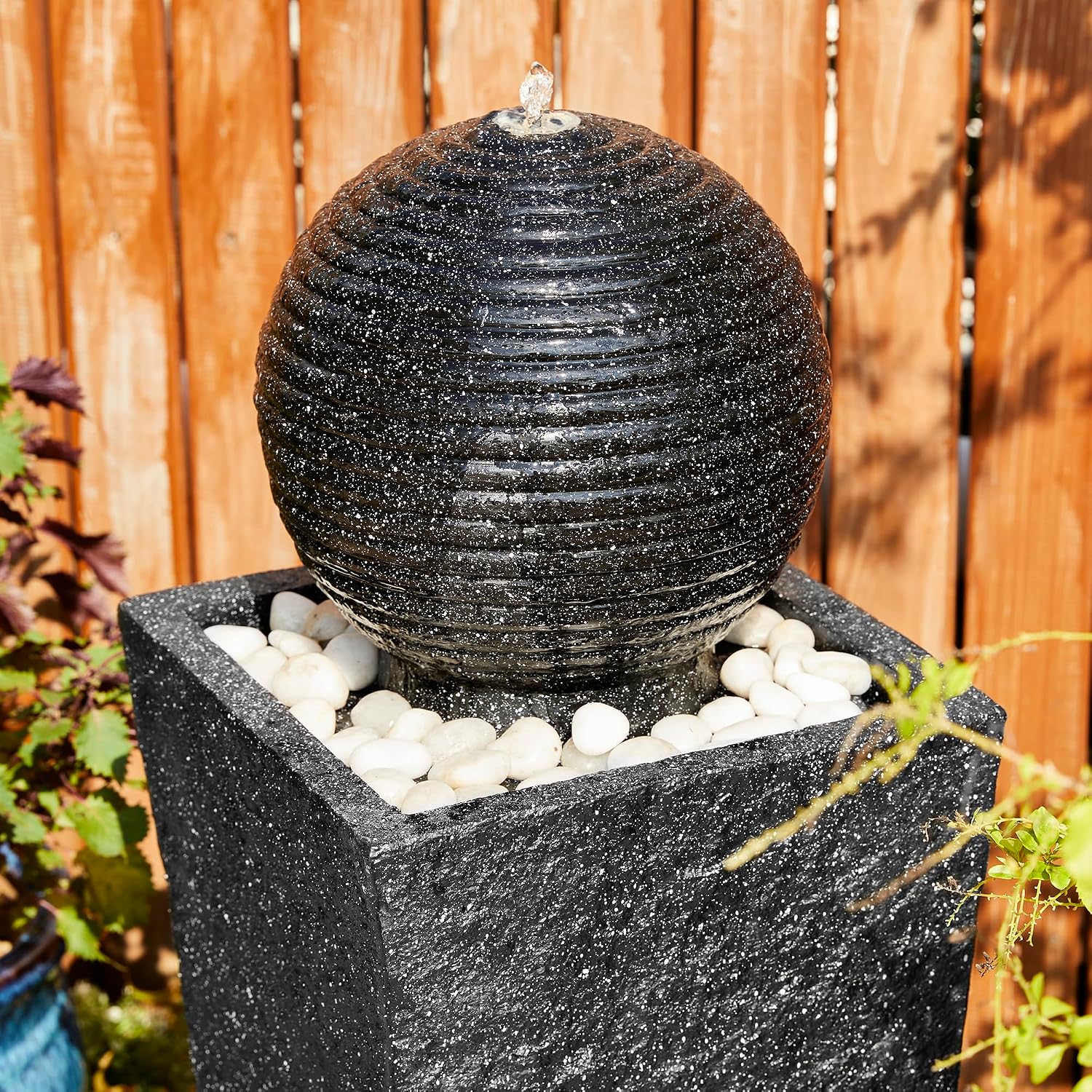 Glitzhome Outdoor Water Fountain with LED Light, Oversized Decorative Black Pedestal Water Fountains with Submersible Pump, Modern Sphere Floor Fountain with Pebbles for Garden Patio Decor, 40.25' H