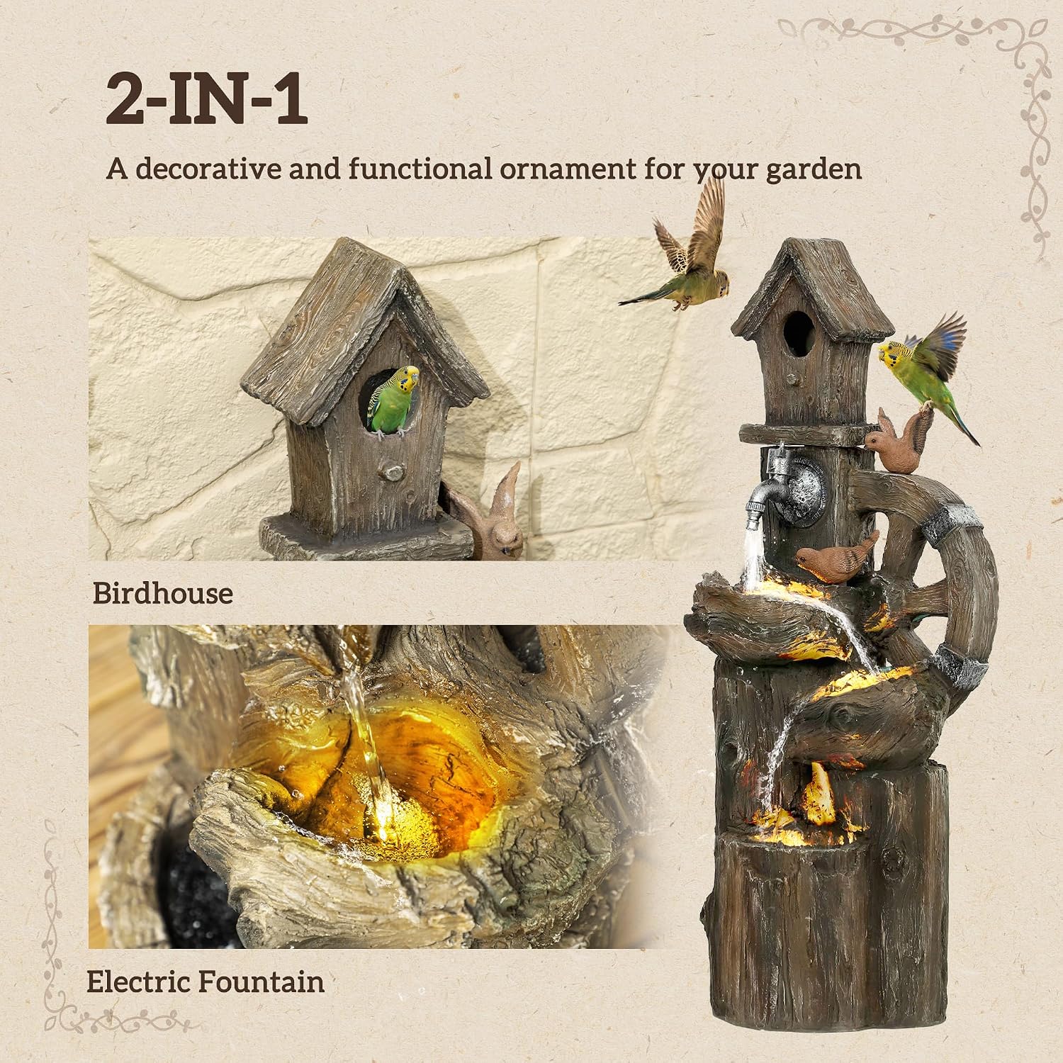 Outsunny Outdoor Water Fountain, Decorative Garden Birdhouse, 3-Tier Cascading Waterfall with LED Lights and Water Wheel, Soothing Tranquility for Home Garden, Yard Decor