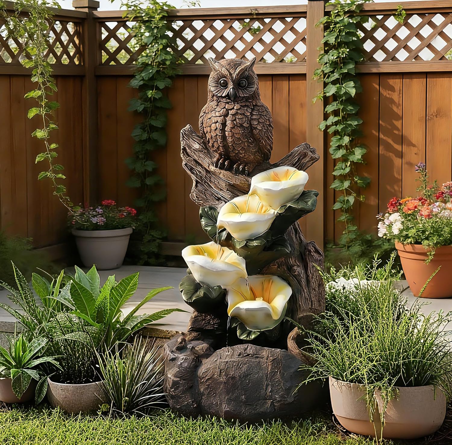 28' Outdoor Water Fountain with Led Lights, 4-Tiered Owl & Calla Lil Water Fountain, Outdoor Garden Waterfall Decor for Garden, Patio, Courtyard