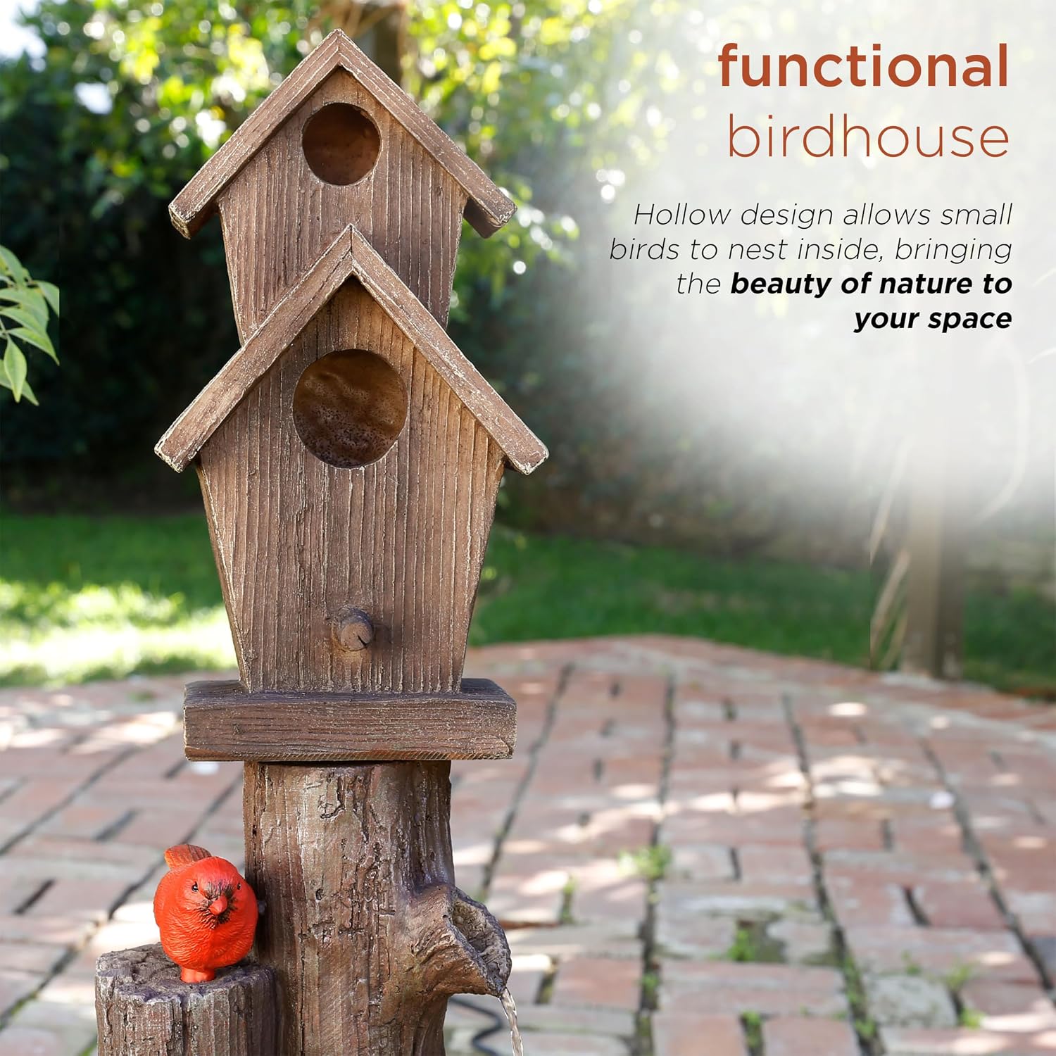Alpine Corporation 35' Tall Outdoor 3-Tier Birdhouse Water Fountain with Cardinal Accent, Rustic Floor Decor for Garden and Patio, Brown