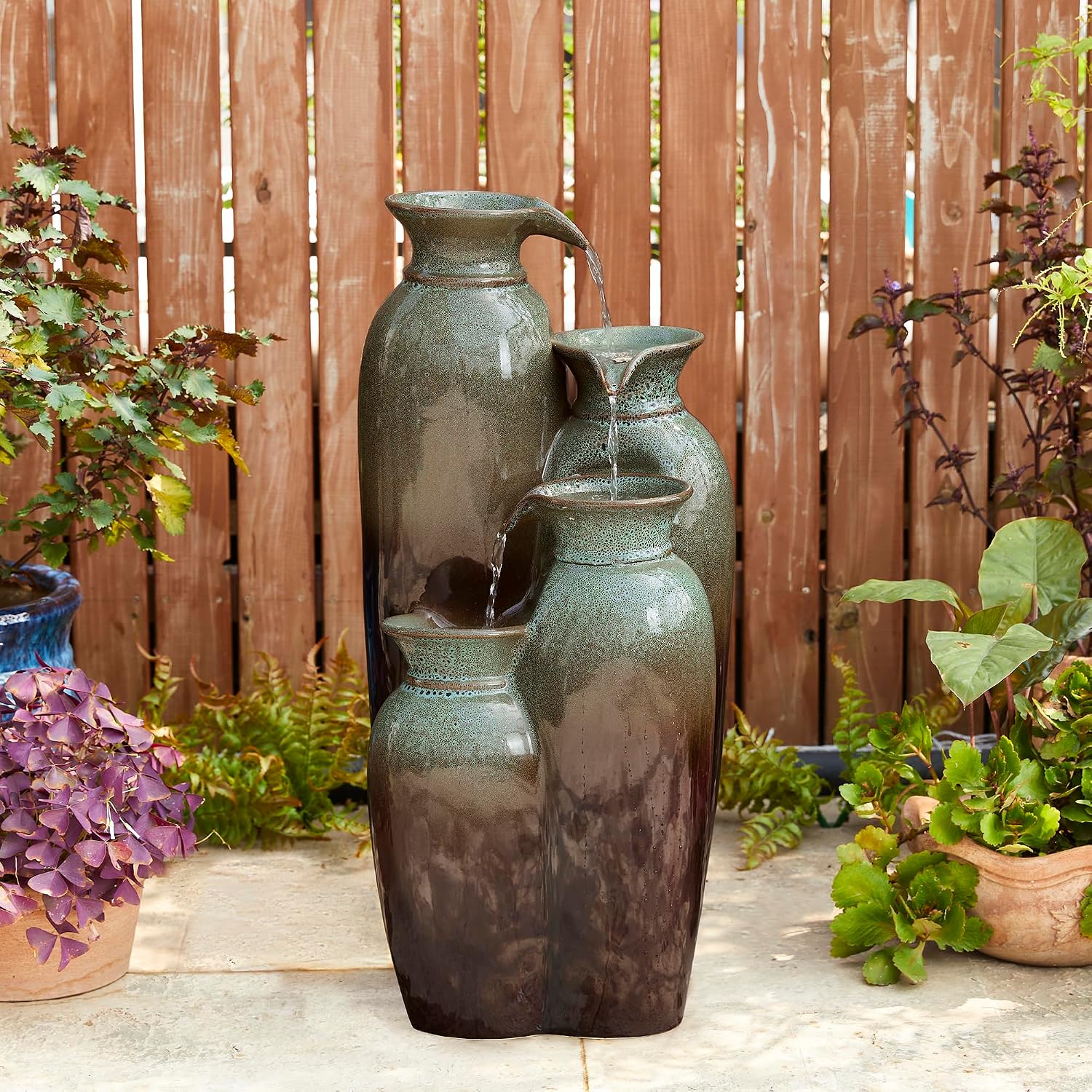 Glitzhome 30.75' H Vase Ceramic Outdoor Water Fountain with LED Lights and Pump, 4-Tier Olive Green and Brown Reactive Glaze Cascading Pots Standing Fountain for Porch Deck Garden Patio Backyard