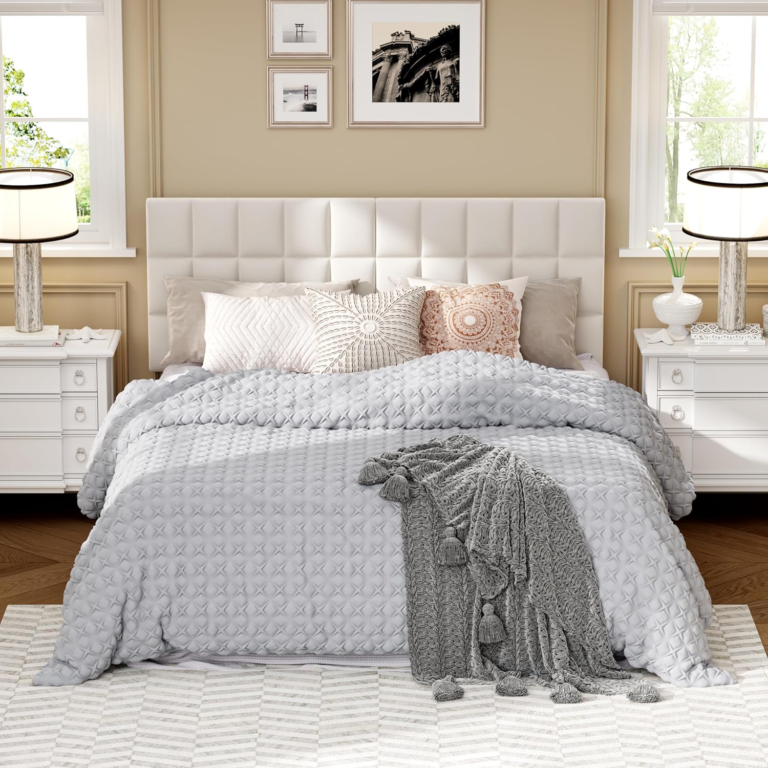 Andeworld Velvet Upholstered Tufted King Size Headboard,Wood Head Board with Metal Legs, Adjustable Height from 42' to 56', Bed Headboard in Modern Design,Backboard for Bed, Beige