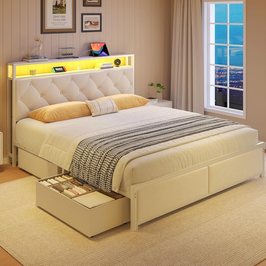 Fluest Queen Bed Frame with Headboard, Storage Drawers, Fast Charging Station, Led Lights, Bed Frame Queen Size with Fabric Drawers, Metal Structure, No Box Spring Needed, Easy Assembly, Beige