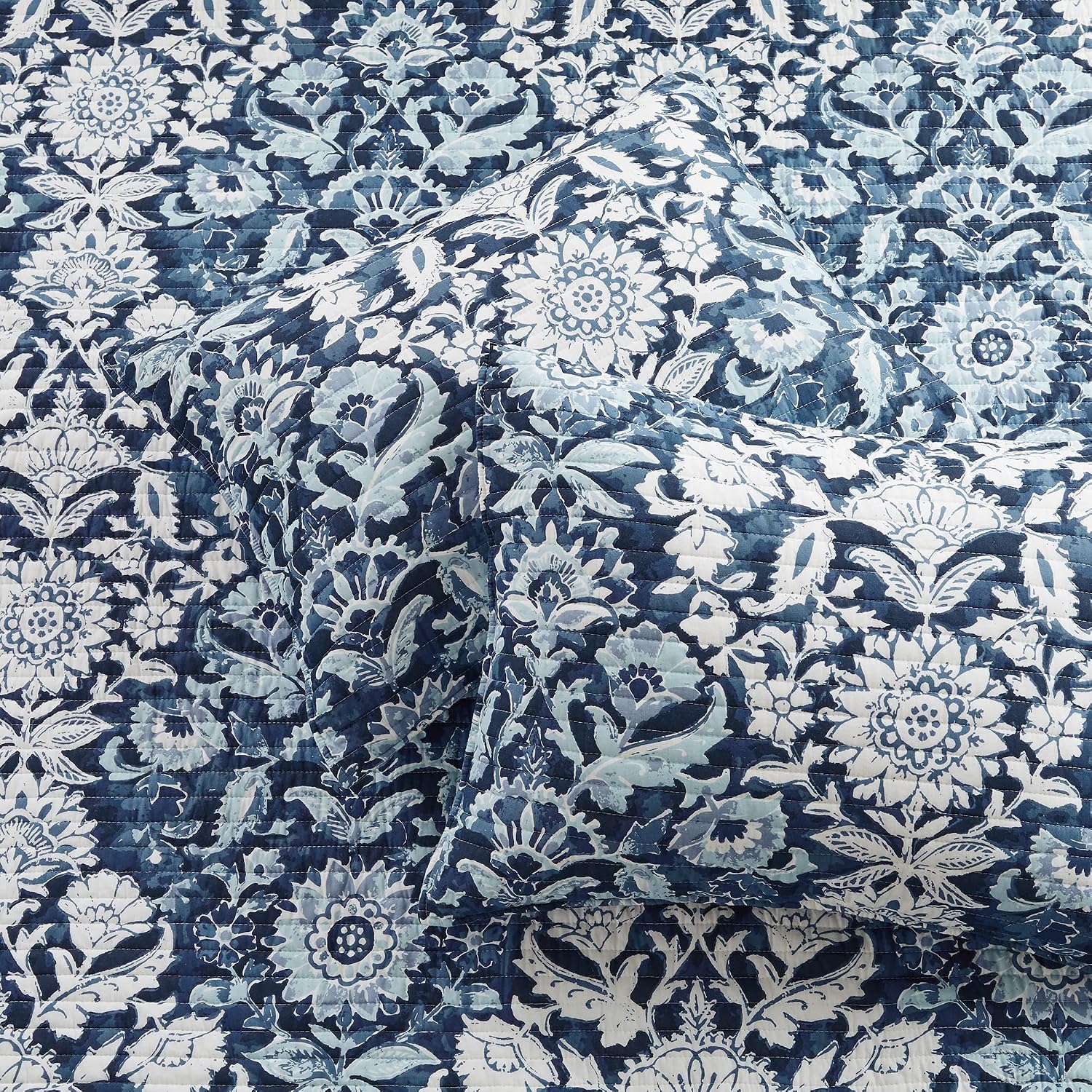 Levtex Home - Laure Indigo Quilt Set - King Quilt and Two King Shams - Floral - Indigo, Blue and White - Quilt (106x92in.) and Shams (20x36in.) - Reversible - Cotton