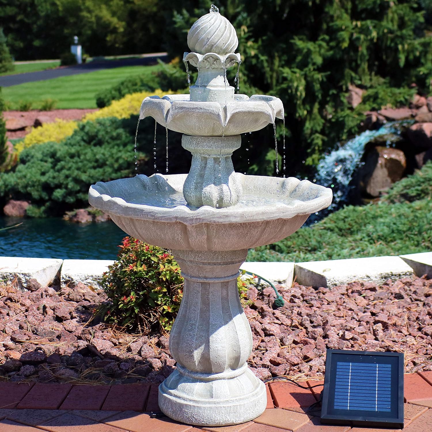 Sunnydaze 35' Solar 2-Tier Outdoor Water Fountain - Garden Water Feature with Battery Backup and Pump - White