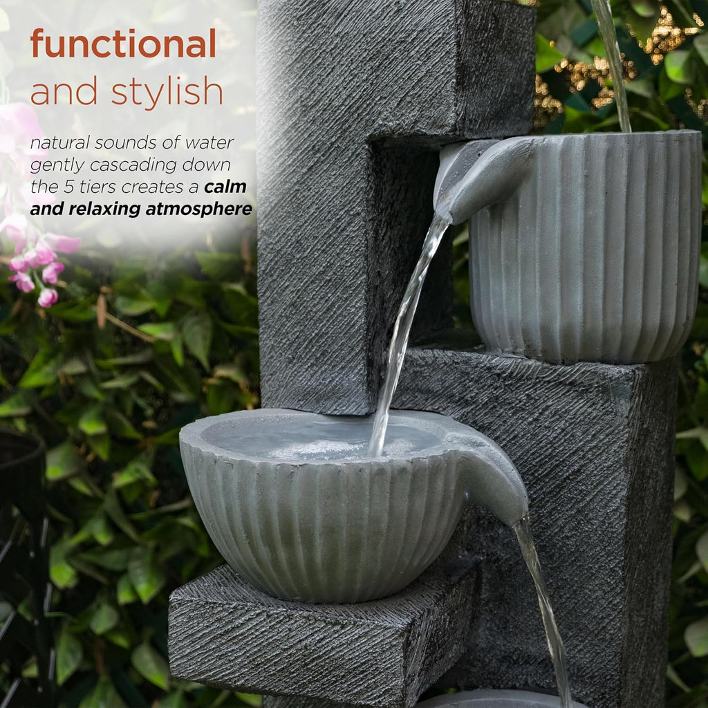 Alpine Corporation 40' Tall Outdoor 5 Tiered Pot Decorative Waterfall Floor Fountain with LED Lights, Perfect for Patios, Yards, and Landscaping, Gray