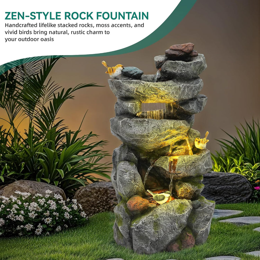 31.5' Multi-Tier Rock Outdoor Water Fountain with LED Lights, Cascading Waterfall with Birds for Garden Patio Porch, Weather-Resistant Resin Water Feature for Tranquil Oasis