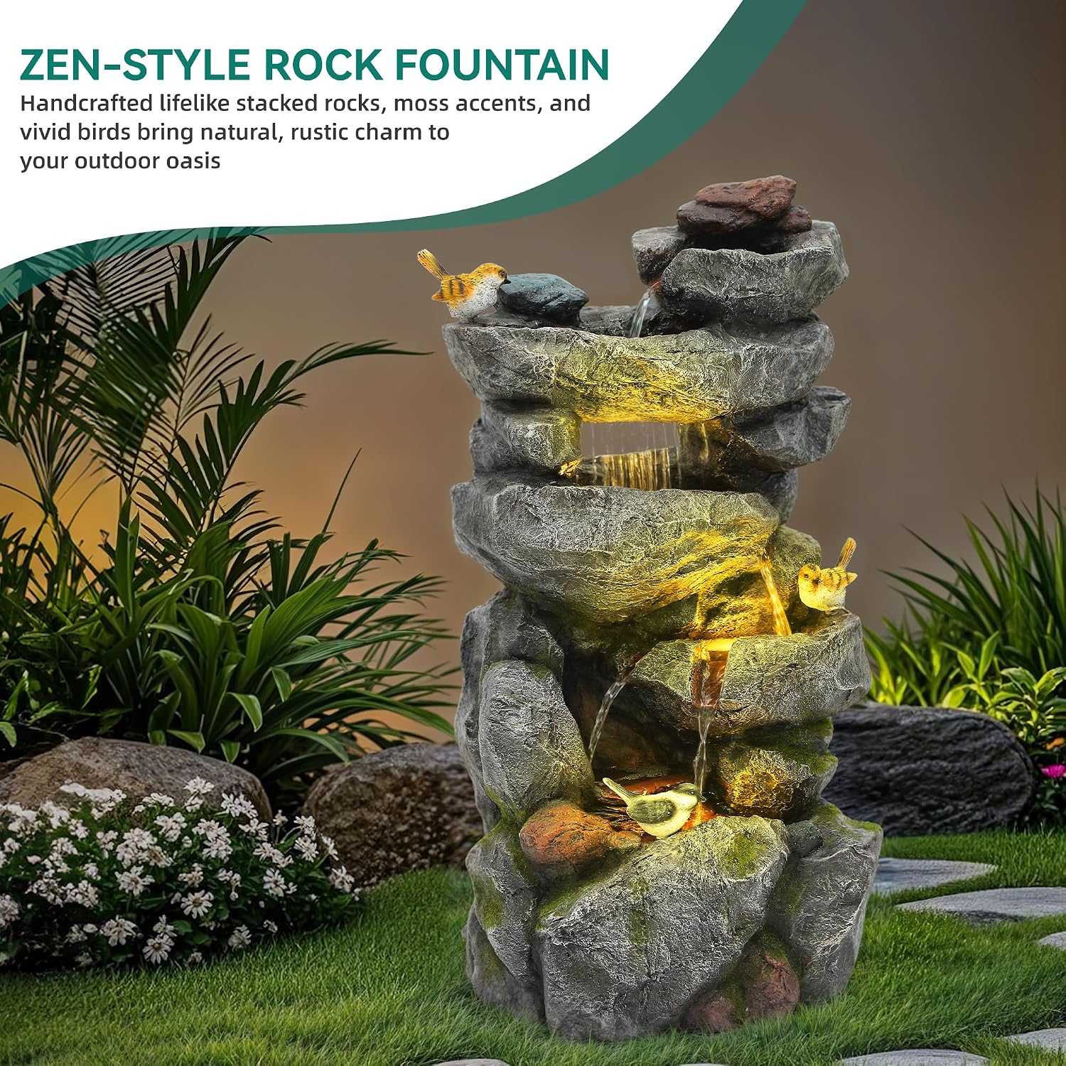 31.5' Multi-Tier Rock Outdoor Water Fountain with LED Lights, Cascading Waterfall with Birds for Garden Patio Porch, Weather-Resistant Resin Water Feature for Tranquil Oasis