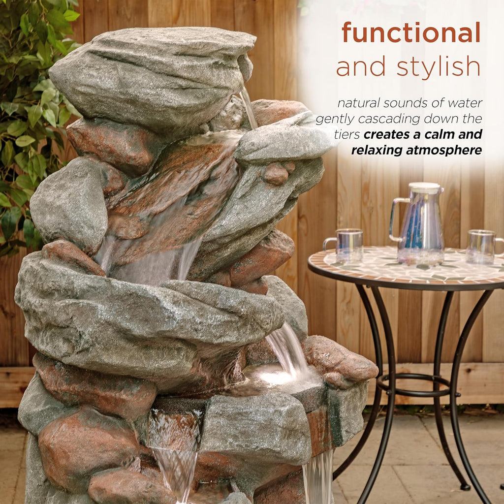 Alpine Corporation WIN1548 Outdoor Floor Cascading Stone Fountain with LED Lights, Tiered Garden Water Fountain, 53' H, Gray