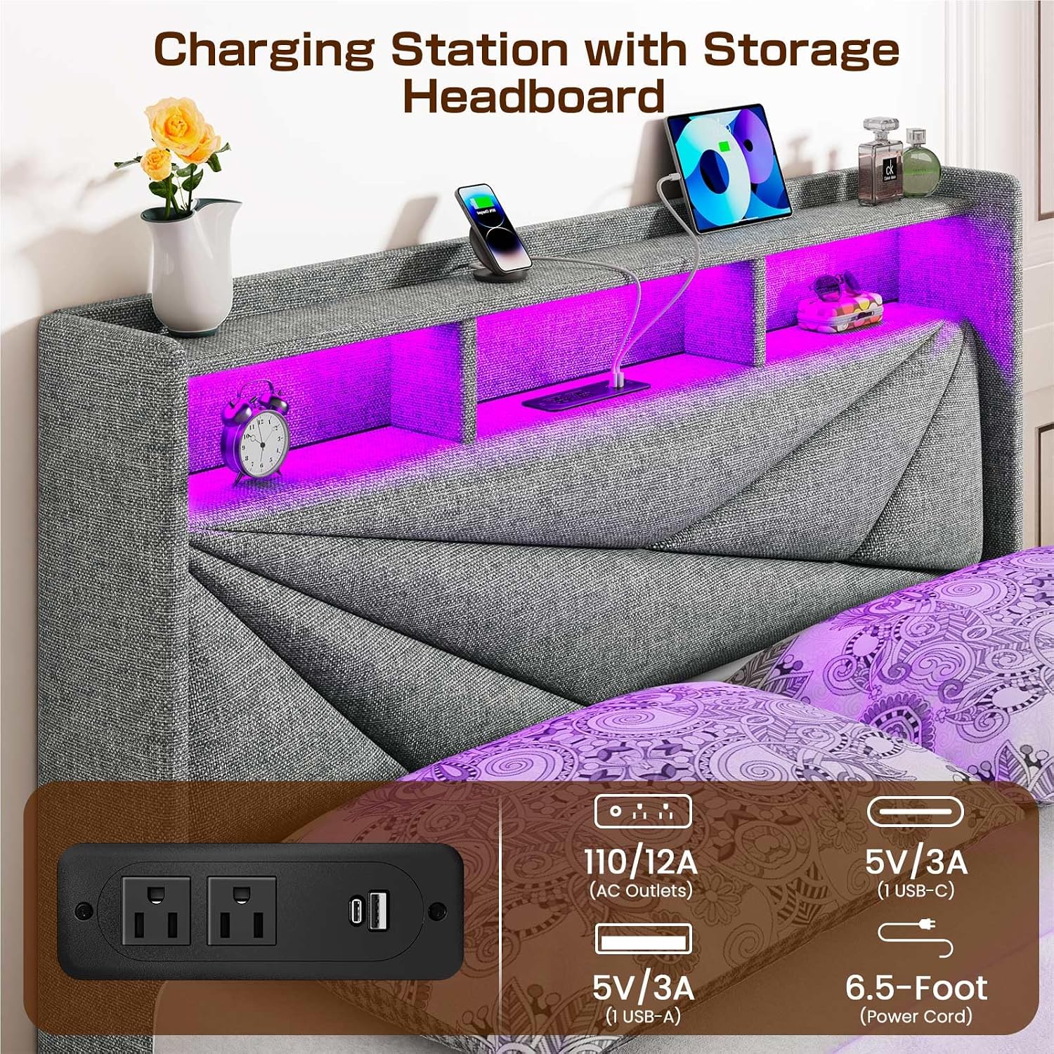 Driftalia LED Full Size Bed Frame with 4 Storage Drawers, Upholstered Full Bed Frame with 2-Tier Headboard and Charging Station, No Box Spring Needed, Easy to Assembly - Light Grey