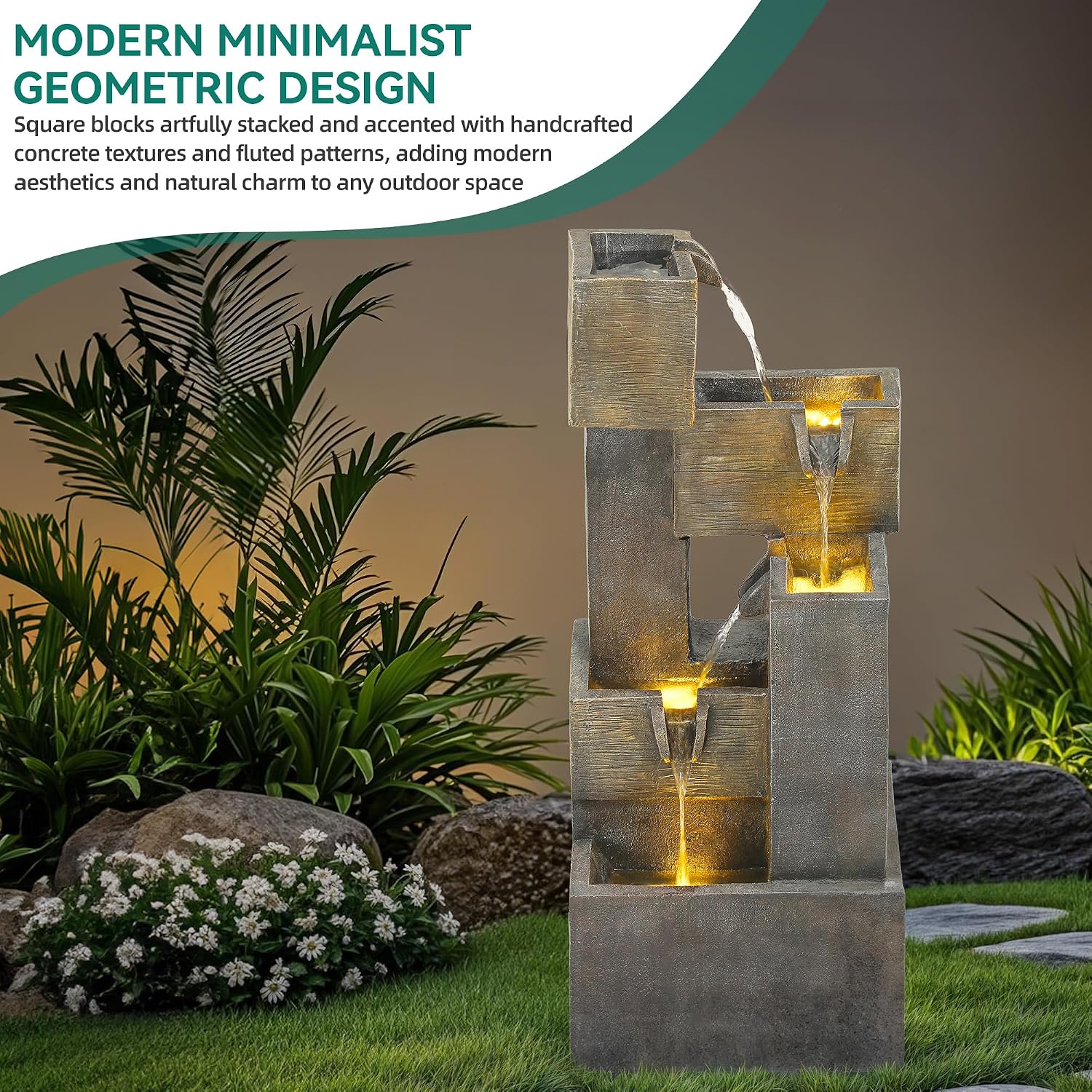 32.5' Modern Outdoor Water Fountain with LED Lights, 5-Tier Stacked Blocks Garden Fountain Cascading Waterfall Feature for Relaxing Garden, Patio, Backyard, Deck, Porch or Home Décor