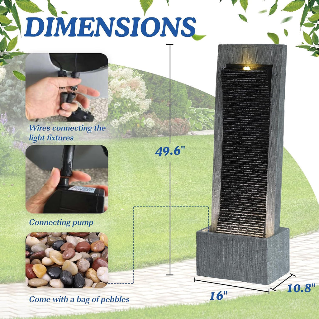 50'H Water Fountains Outdoor, Large Garden Water Fountains and Waterfalls Outside, Indoor Floor Standing Resin Fountain Features W/Pump LED Light Cobbles for Patio, Backyard, Deck, Porch, Home