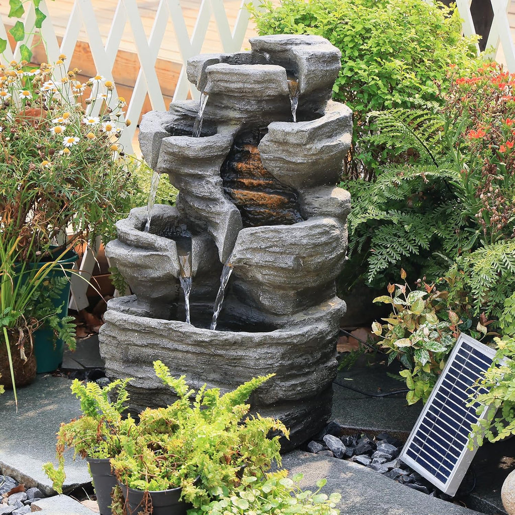 6-Tier Solar Water Fountain Outdoor, 24.4' H Cascading Rock Feature Garden Fountains and Waterfalls with Light, Pump, Solar Panel for The Patio, Deck, Porch, Backyard Home Décor, Stone Gray