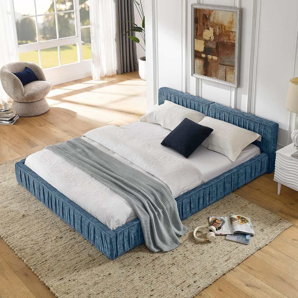 Ball & Cast Queen Size Low Bed Frame,Chenille Upholstered Platform Bed with Pleated Design Headboard,Grounded Floor Bed with Wood Slat Support,No Box Spring Needed,Dark Blue