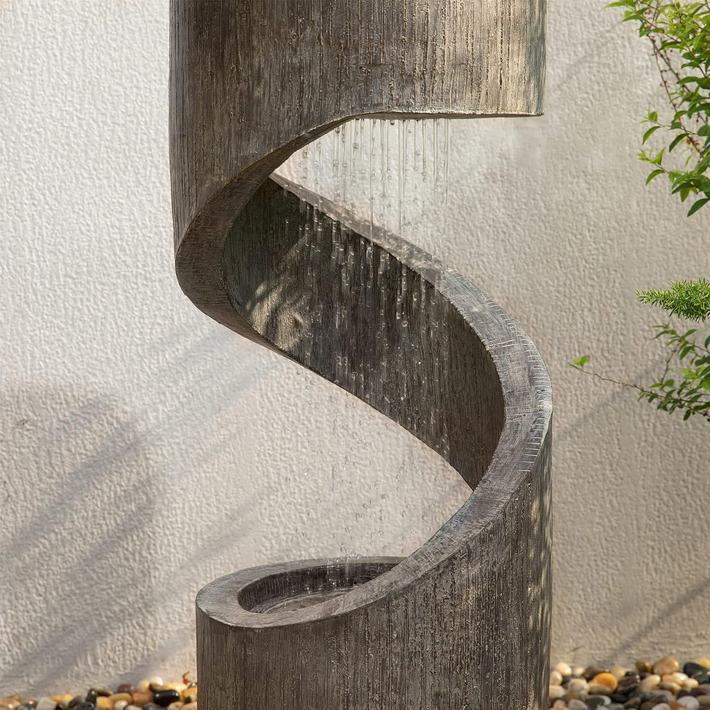 Glitzhome Outdoor Water Fountain with LED Light, Modern Spiral Tiered Outdoor Fountain with Stone Planter, Curved Freestanding Waterfall Fountains for Garden Patio Deck Porch, 40'H