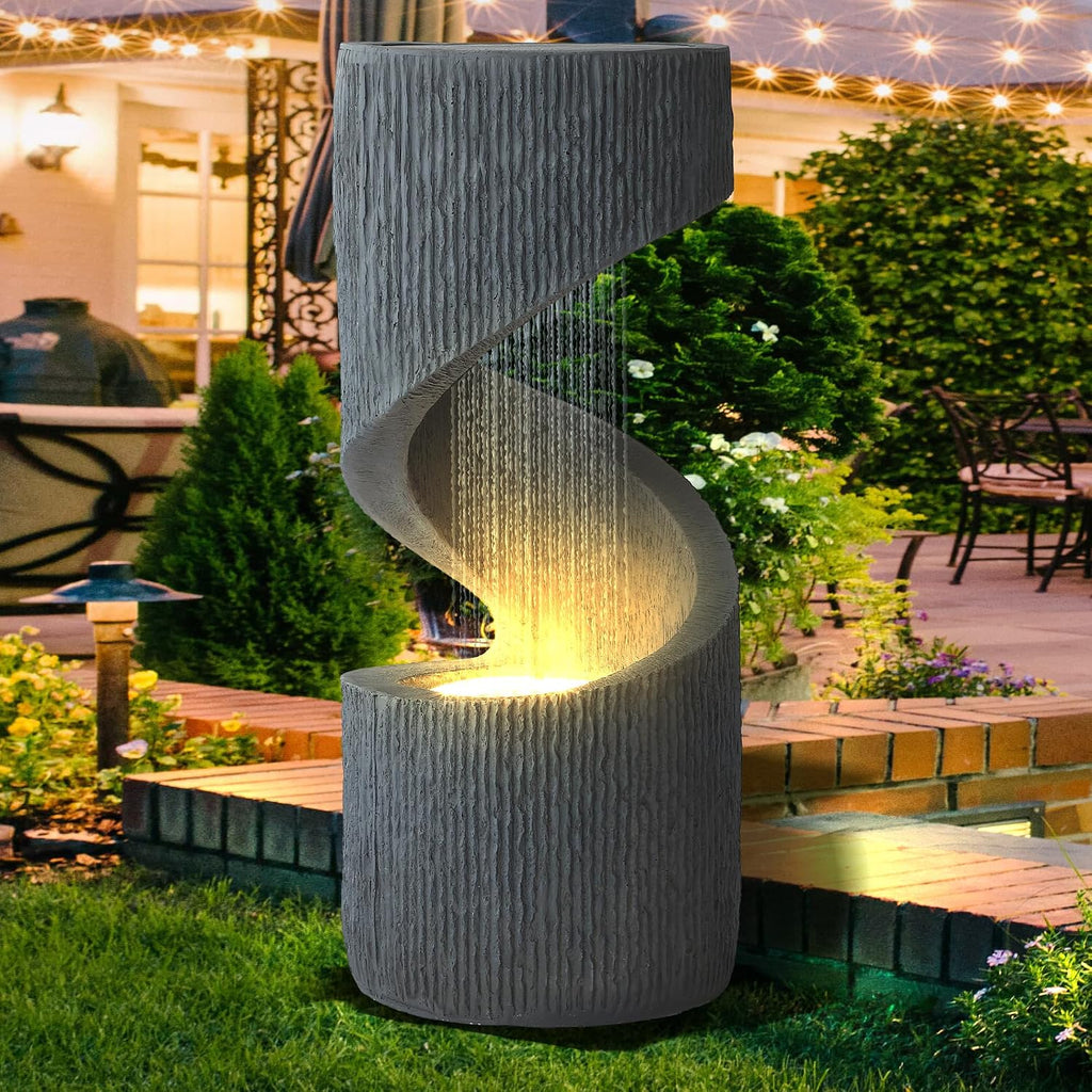 MAGIC UNION Outdoor S-Shaped Water Fountain, Spiral Waterfall Indoor Fountain Outside Garden Decor with LED Lights & Pump, Curved Patio Resin Fountains for Yard, Deck, Porch and Home Decorations