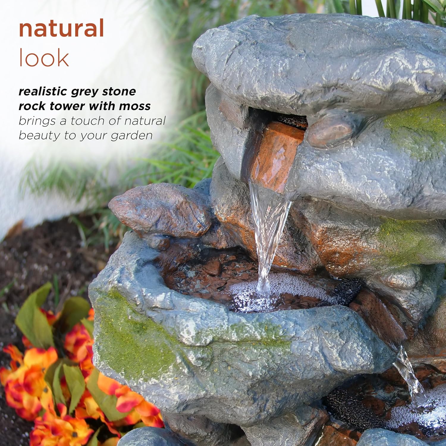 Alpine Corporation 22' Tall 3-Tier Outdoor Rock Waterfall Fountain with LED Lights, Natural Stone Look for Garden, Patio, Yard & Porch Decor, Gray