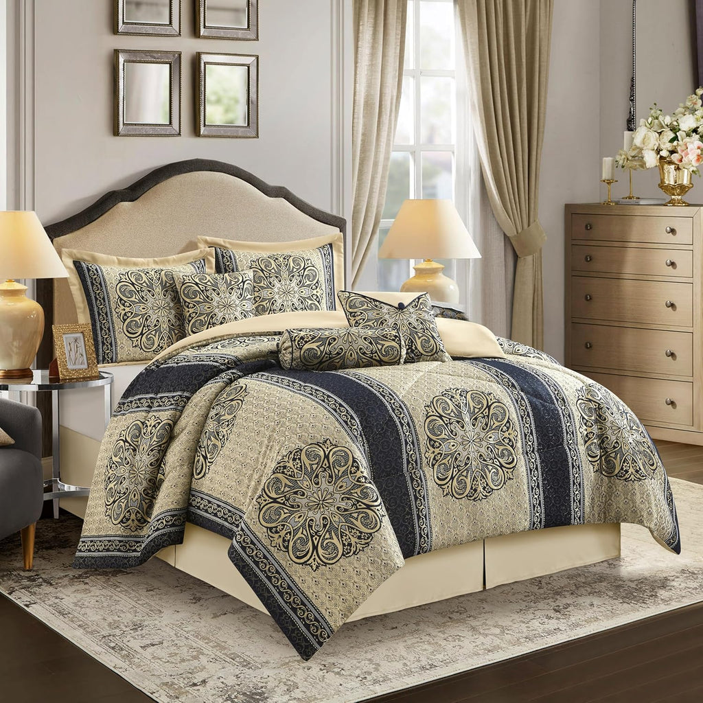 Stratford Park Medallion 7 Piece Navy Comforter Set, Queen Size Jacquard Bedding, All Season Bedding Set, Bed Skirt, Pillows & Shams