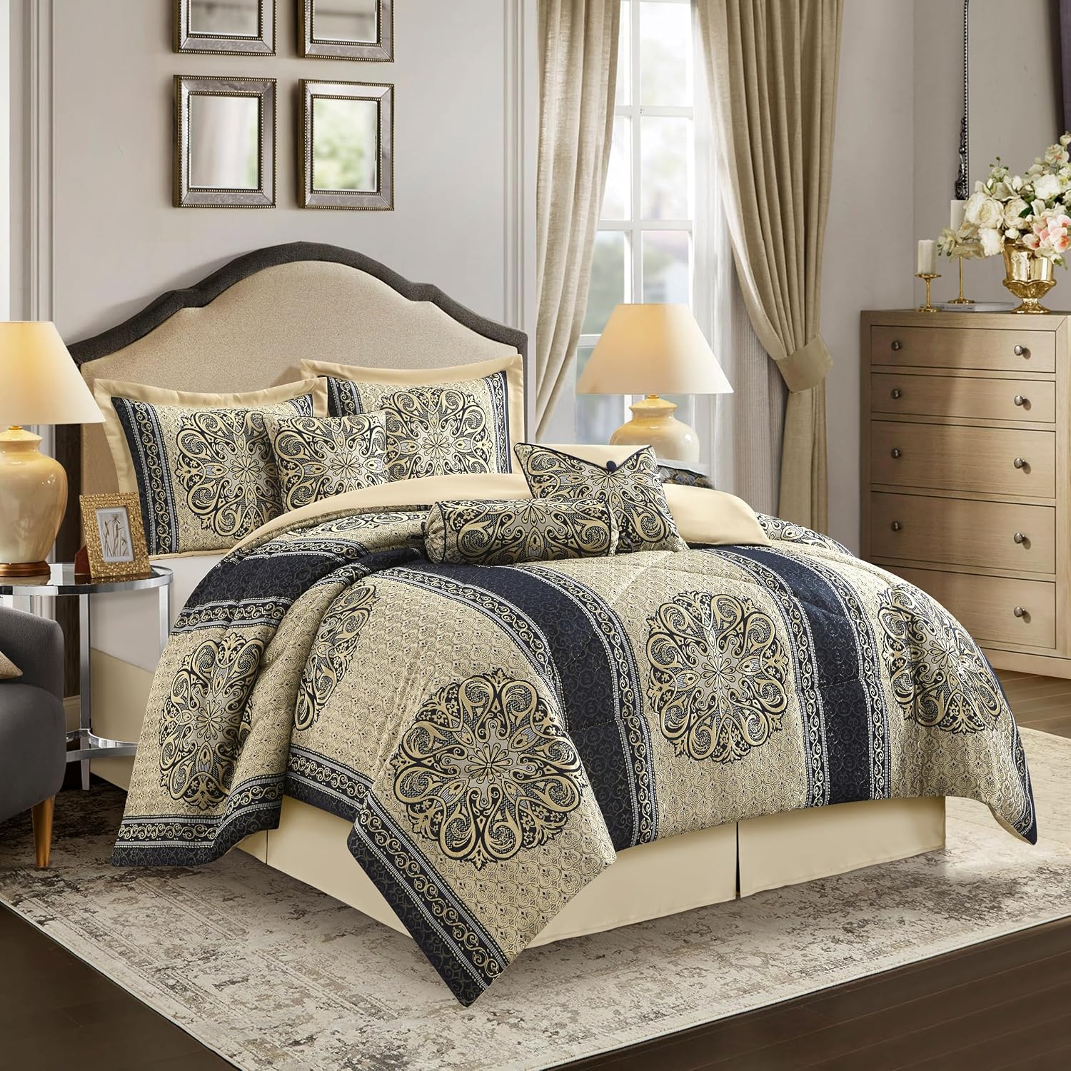 Stratford Park Medallion 7 Piece Navy Comforter Set, Queen Size Jacquard Bedding, All Season Bedding Set, Bed Skirt, Pillows & Shams