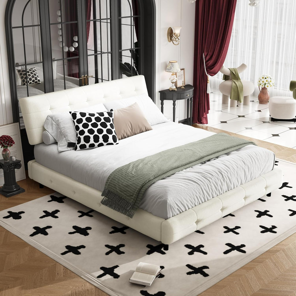 Queen Size Platform Bed Frame, Tufted Headboard with Extra-Large Ultra-Soft Cloud Pillow Design, Chenille Platform Bed with Metal and Wooden Slats Double Support, No Box Spring Needed (Beige-Queen,7)