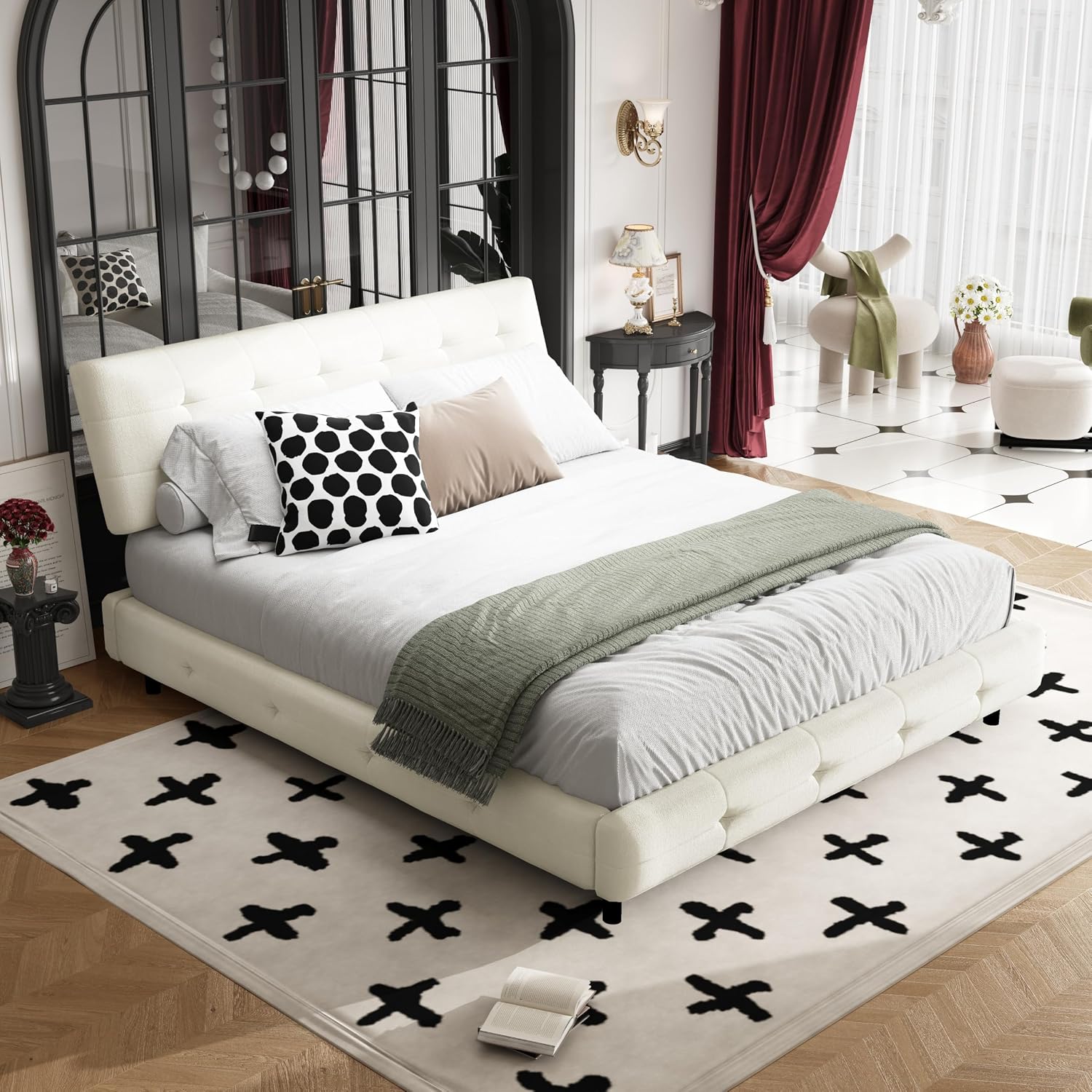 Queen Size Platform Bed Frame, Tufted Headboard with Extra-Large Ultra-Soft Cloud Pillow Design, Chenille Platform Bed with Metal and Wooden Slats Double Support, No Box Spring Needed (Beige-Queen,7)