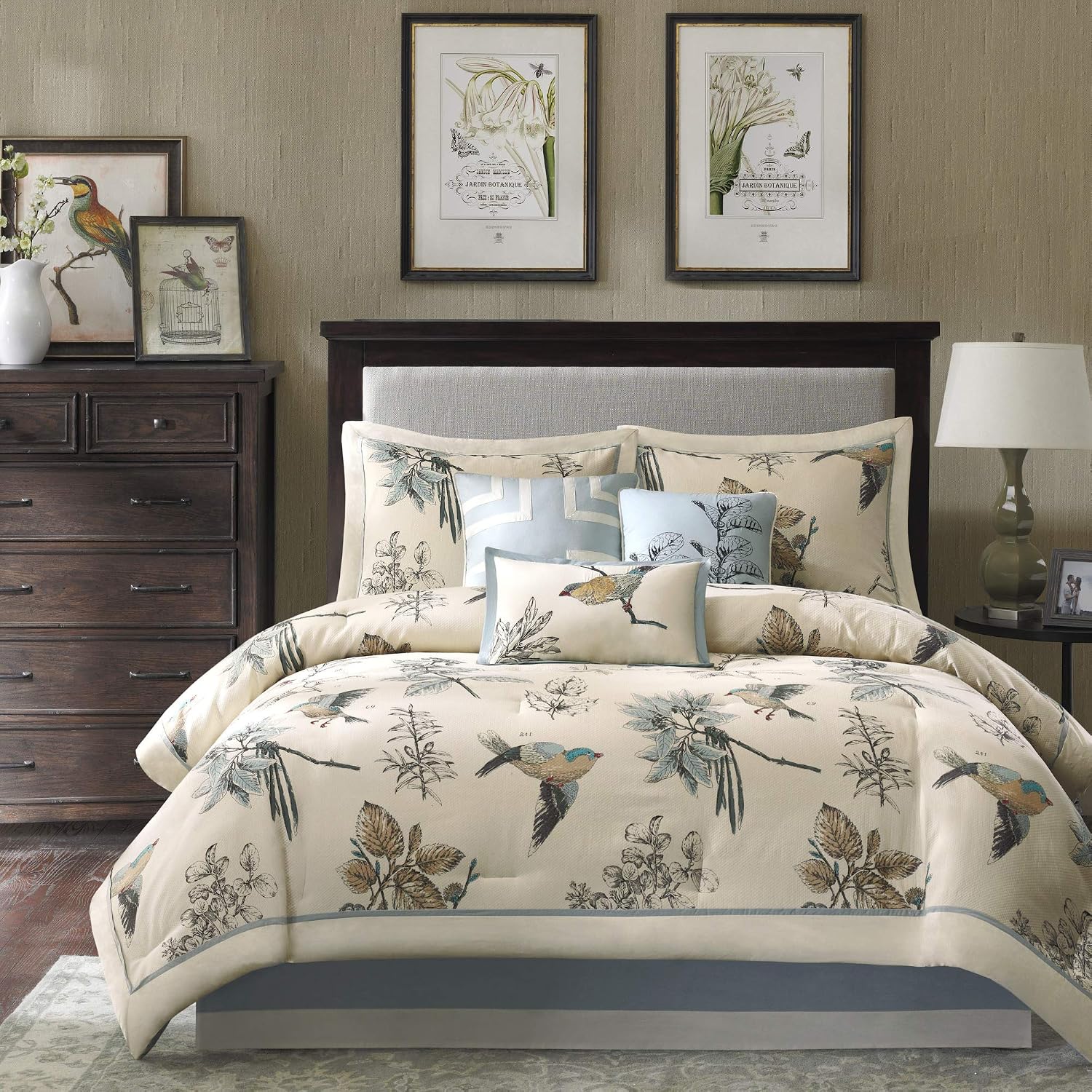 Madison Park Quincy Cozy Comforter Nature Scenery Design - All Season Bedding, Matching Bed Skirt, Decorative Pillows, Quincy, Leaf & Bird Khaki King(104'x92') 7 Piece