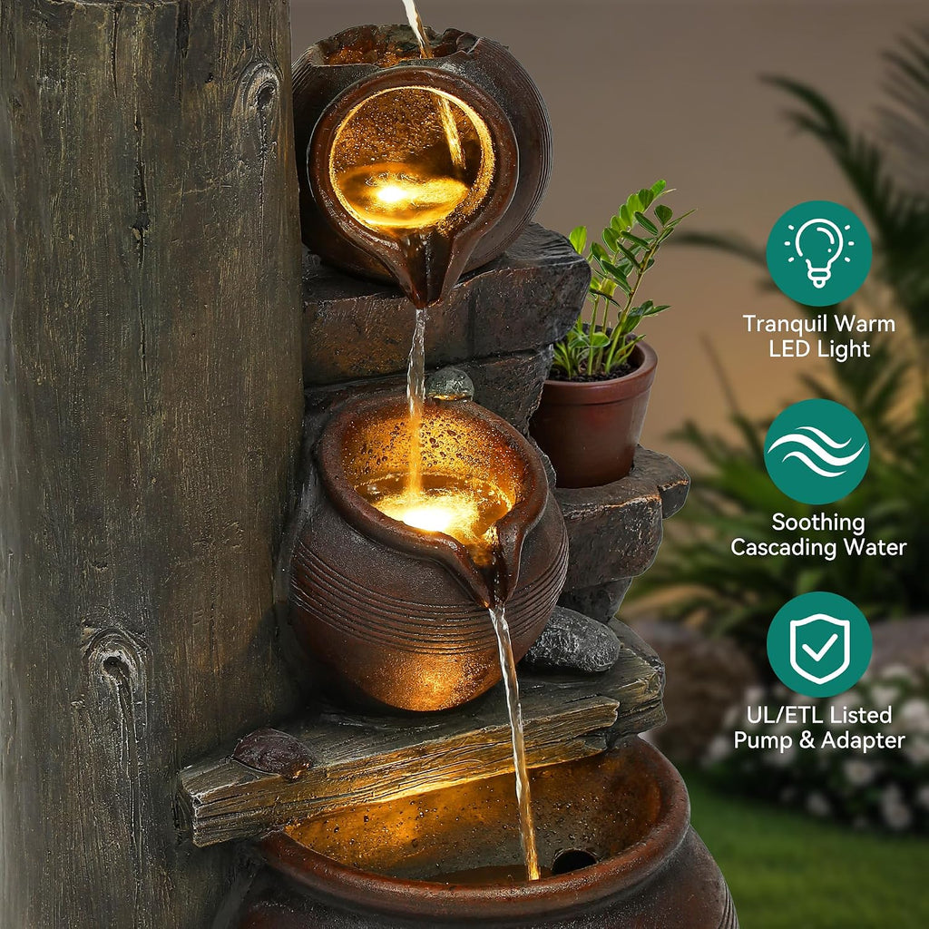 40' H Oversized Outdoor/Indoor Water Fountain with LED Lights and Pump, Cascading Pitchers Farmhouse Garden Fountain Waterfall for Patio, Porch, or Yard