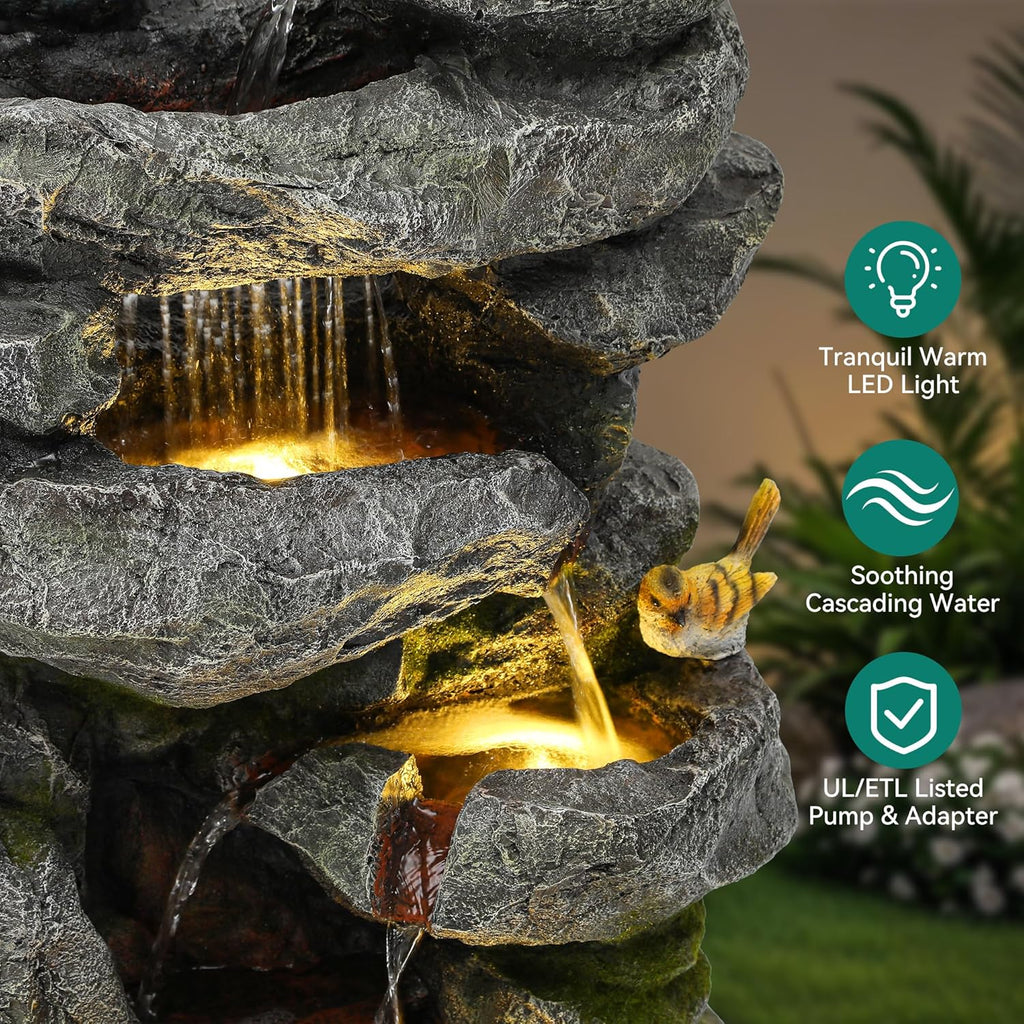 31.5' H Multi-Tier Rock Outdoor Water Fountain with LED Lights and Pump, Garden Fountain Waterfall for Patio, Porch, or Yard