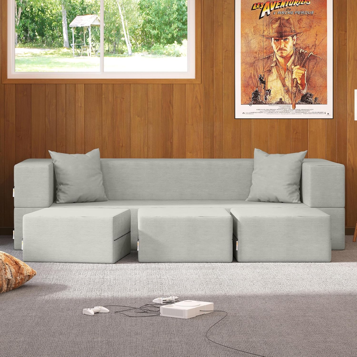 Jaxx Zipline Convertible Sleeper Sofa & Three Ottomans/California King-Size Bed, Textured Microvelvet - Ice