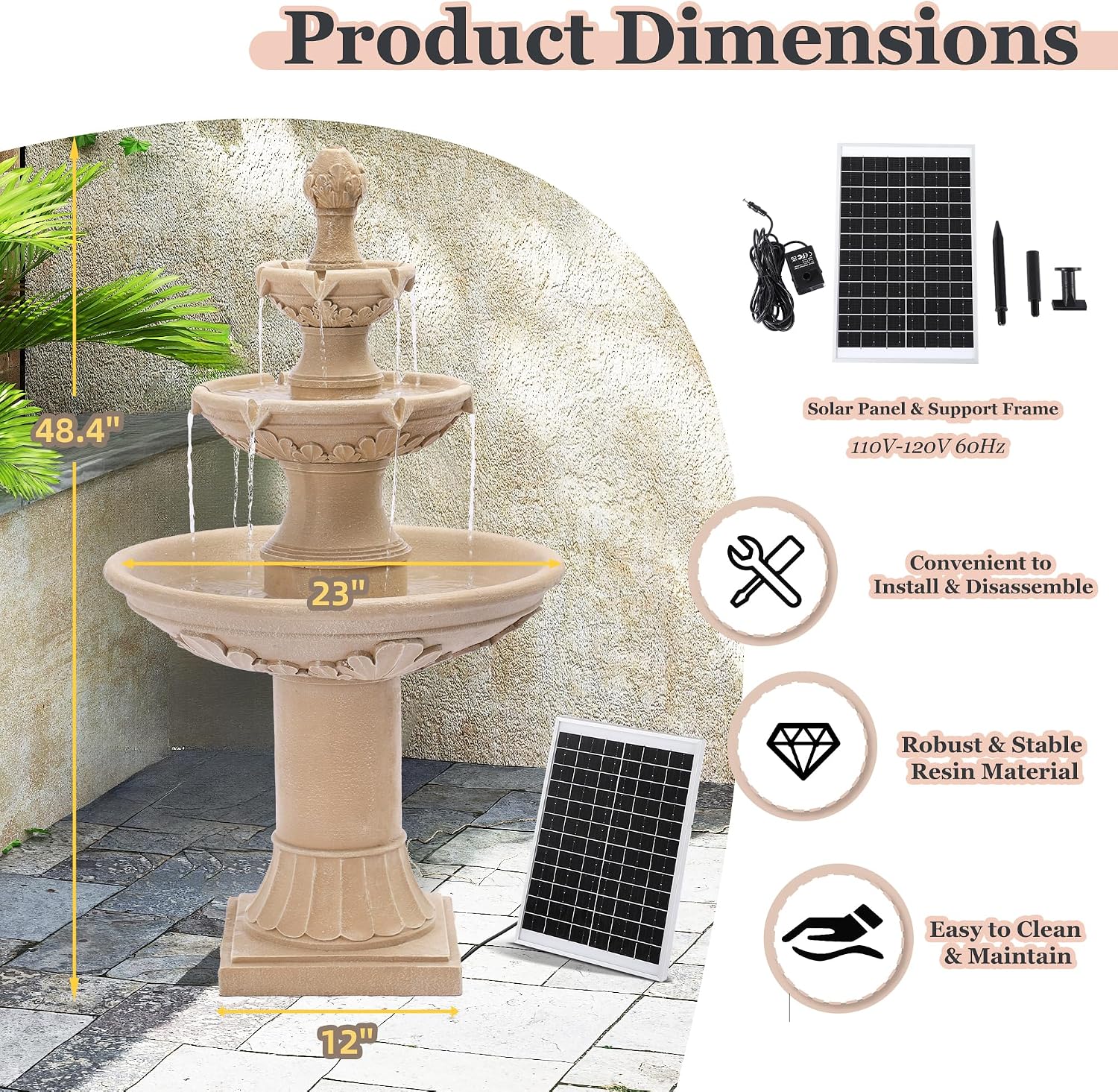 MAGIC UNION Outdoor Solar Water Fountains, 48.4''H Italian Style Garden Fountains and Waterfalls Outside, 3-Tier Large Bubbler Cascading Water Fountain with Pump and Solar Panel for Home Yard Decor