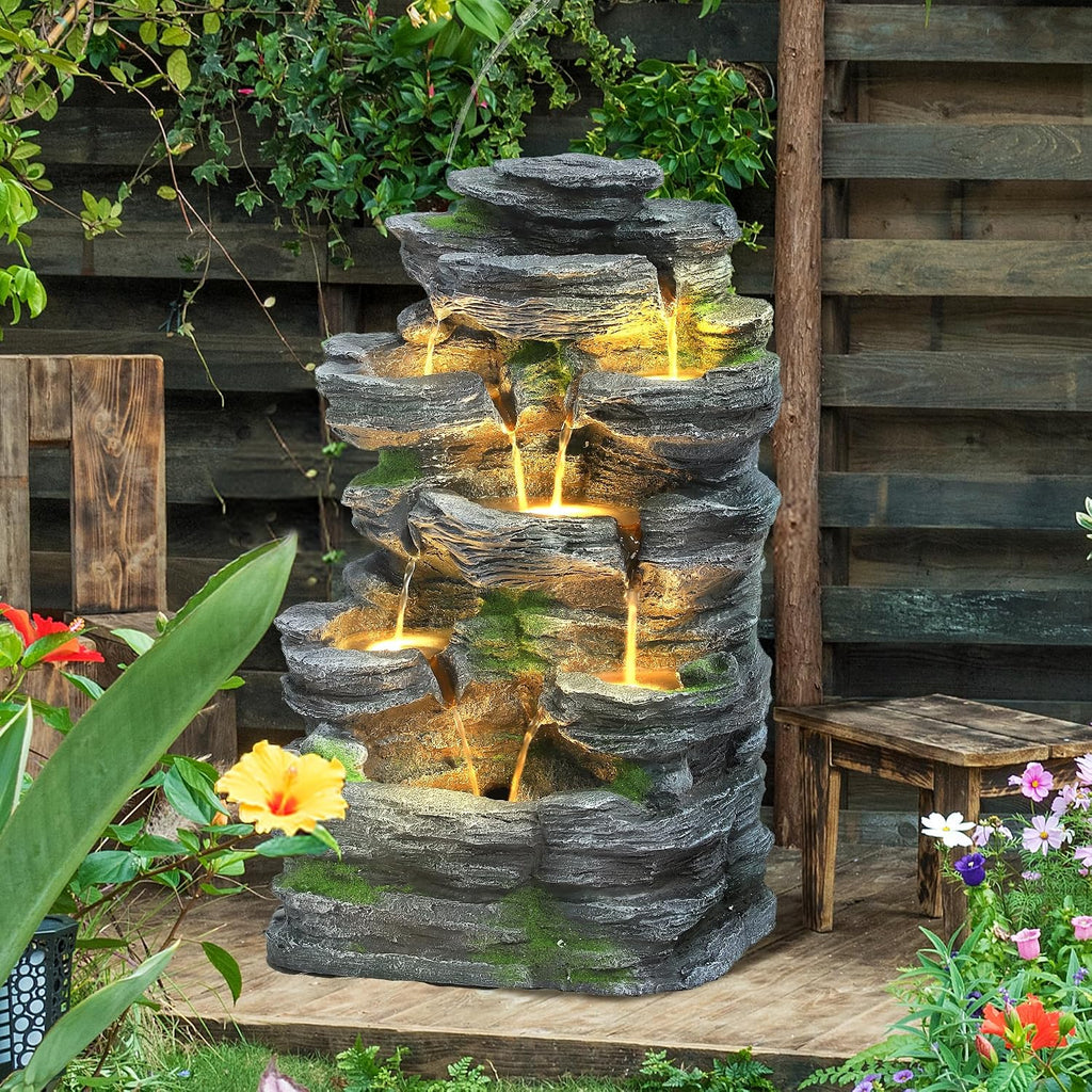 Grepatio Outdoor 7-Tiers Cascading Rock Water Fountain, Waterfall Fountain with 6 LED Lights, Outdoor Fountains and Waterfalls for Garden or Patio, Yard, and Deck Decor with Natural Stone Look