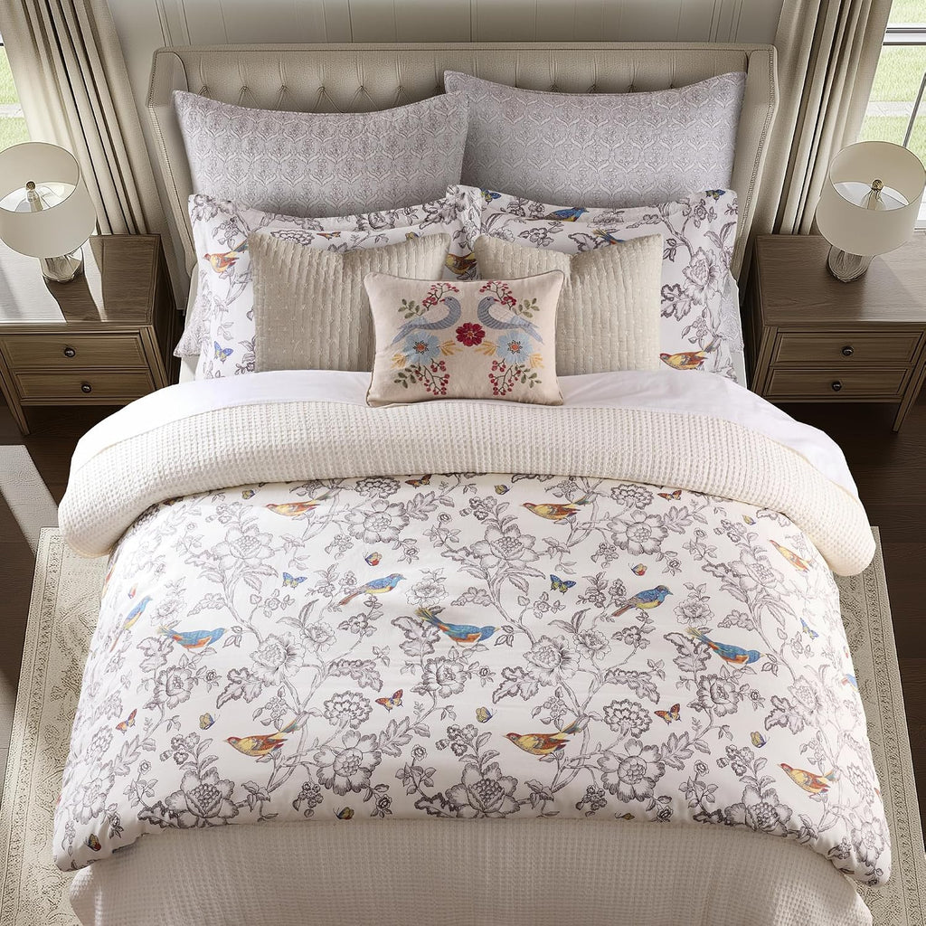 Levtex Home Mockingbird Reversible King Duvet Cover Set (106x94in) with 2 Pillowcases (36x20in) - Floral Birds - Charcoal - 100% Cotton King Size Duvet Cover Bedding Set - Soft, Pre-Washed