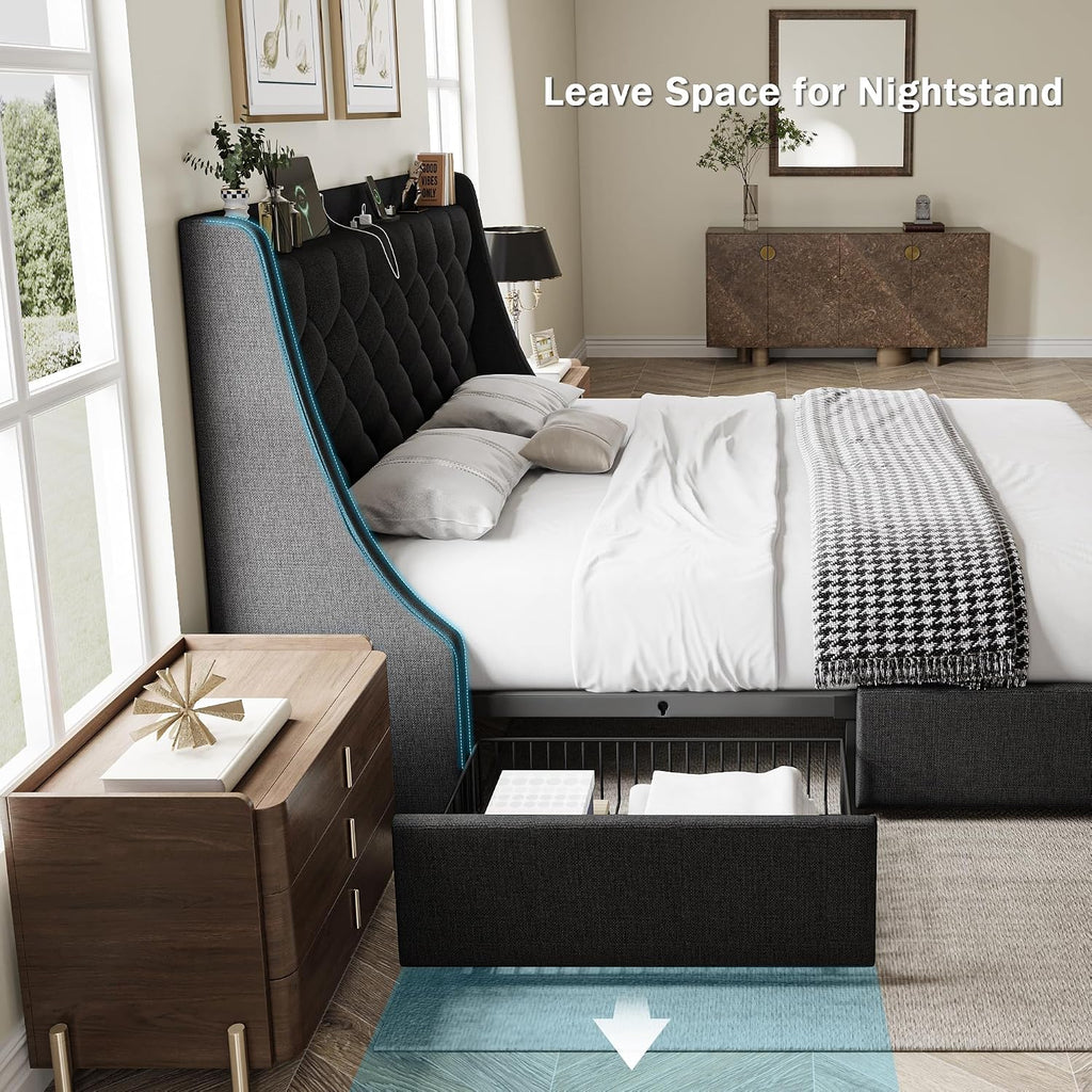 GalnFu Queen Bed Frame with 4 Storage Drawers, Giant Upholstered Wingback Headboard, Fast Charging Station, No Box Spring Needed, Noise-Free, Black