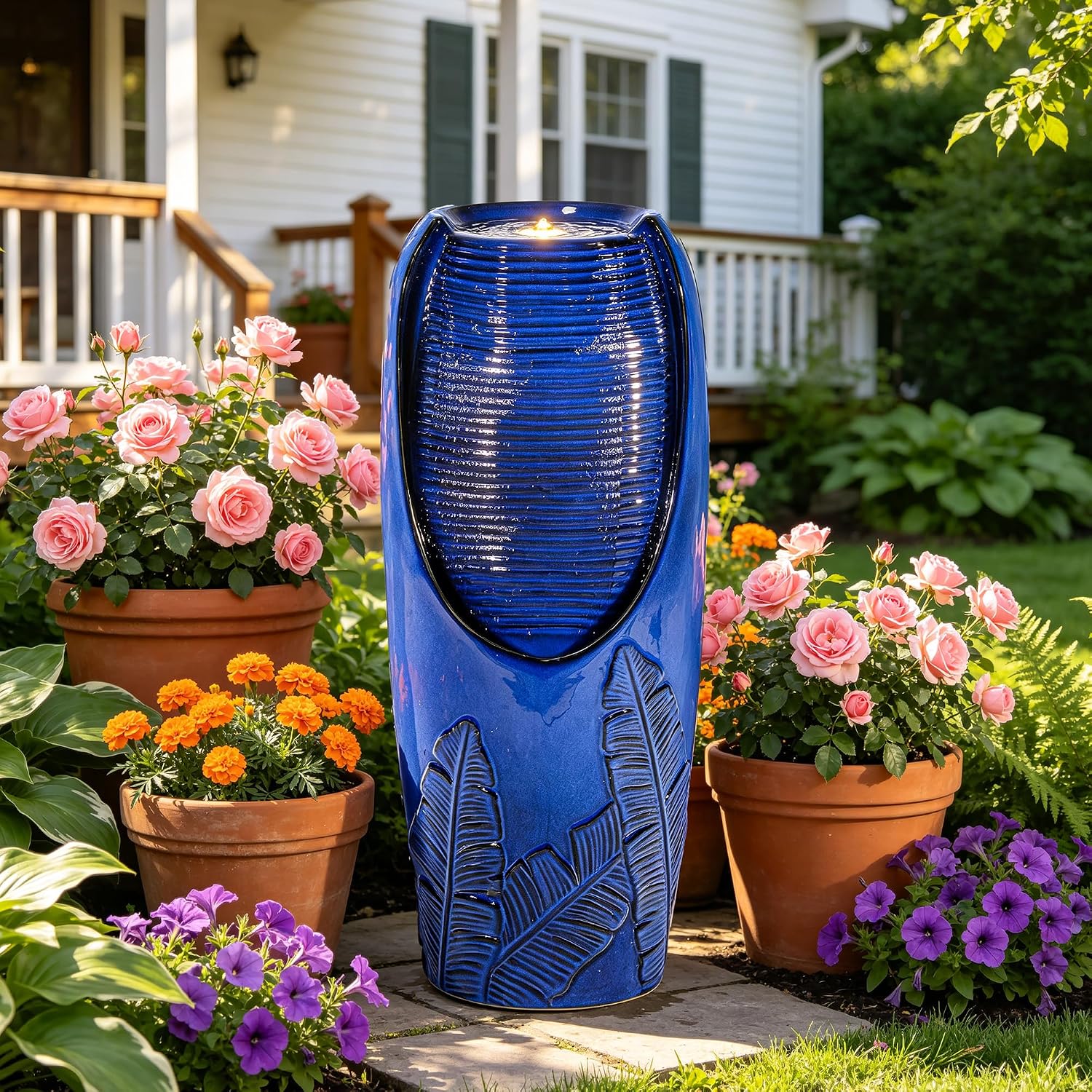 33' Tall Outdoor Garden Fountain with LED Lights, Modern Ceramic Jar Water Fountain, 3D Tropical Leaf Pattern, Cobalt Blue Glaze, Soothing Cascading Waterfall for Relaxing Patio, Yard, Porch