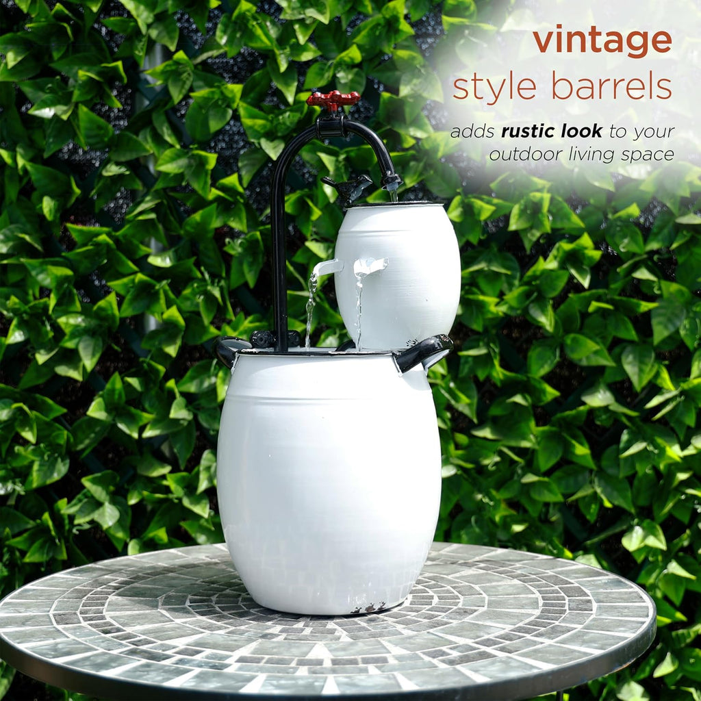 Alpine Corporation YHL428 Outdoor Tabletop Barrels and Faucet Water Fountain, Antique Tabletop Décor Fountain 19', White