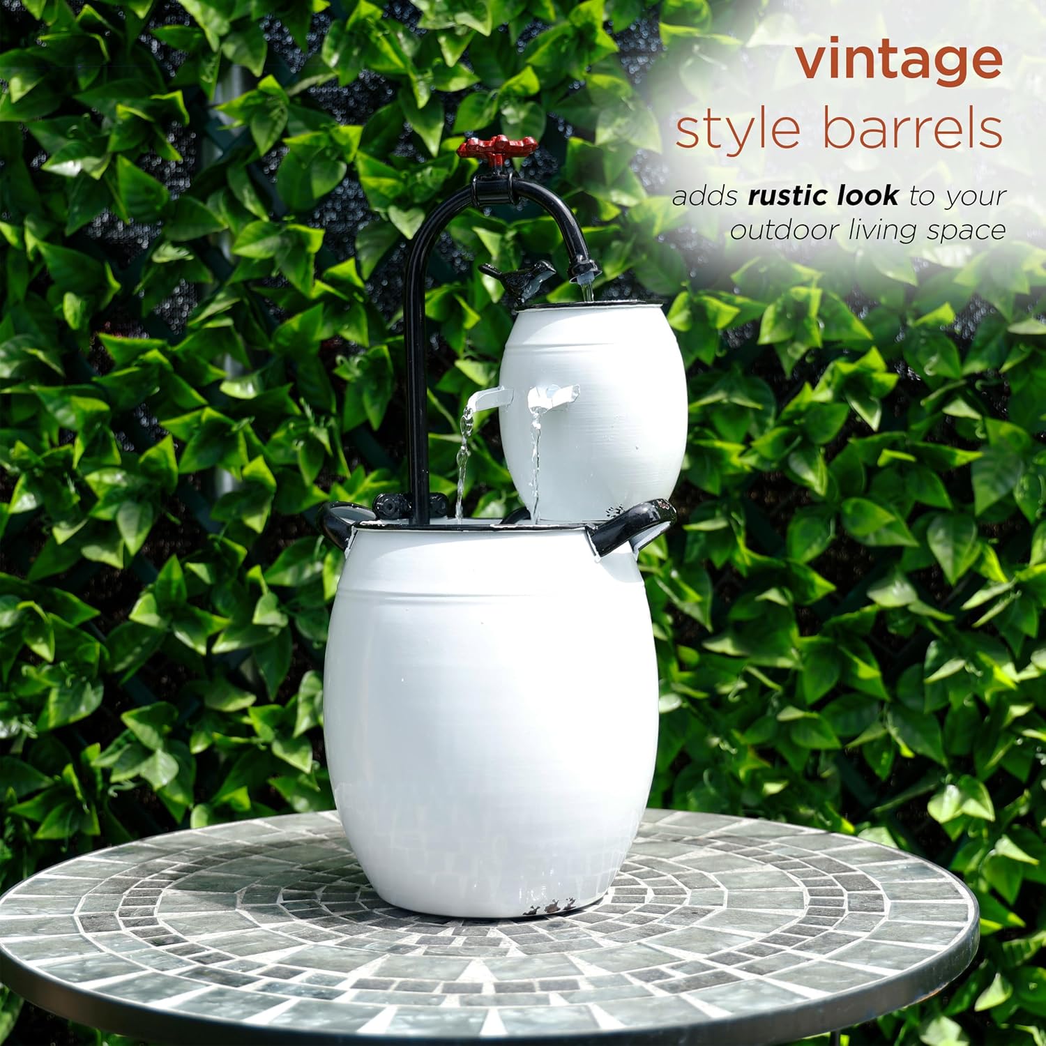Alpine Corporation YHL428 Outdoor Tabletop Barrels and Faucet Water Fountain, Antique Tabletop Décor Fountain 19', White