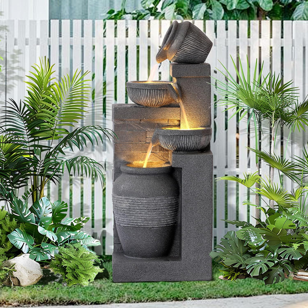 Grepatio 4-Tiers Indoor/Outdoor Garden Water Fountain, 32' H Cascading Water Feature Waterfalls Fountain with LED Lights, Outdoor Floor Standing Water Fountains for Garden, Yard, Patio, Decor (Grey)
