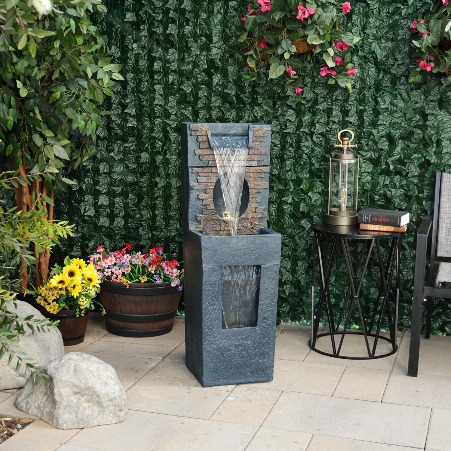 Alpine Corporation TZL398 40' Stone Wall Cascading Fountain with LED Lights, Elegant Outdoor Water Feature for Garden, Patio, Backyard & Home Decor, Relaxing Waterfall Fountain, Gray