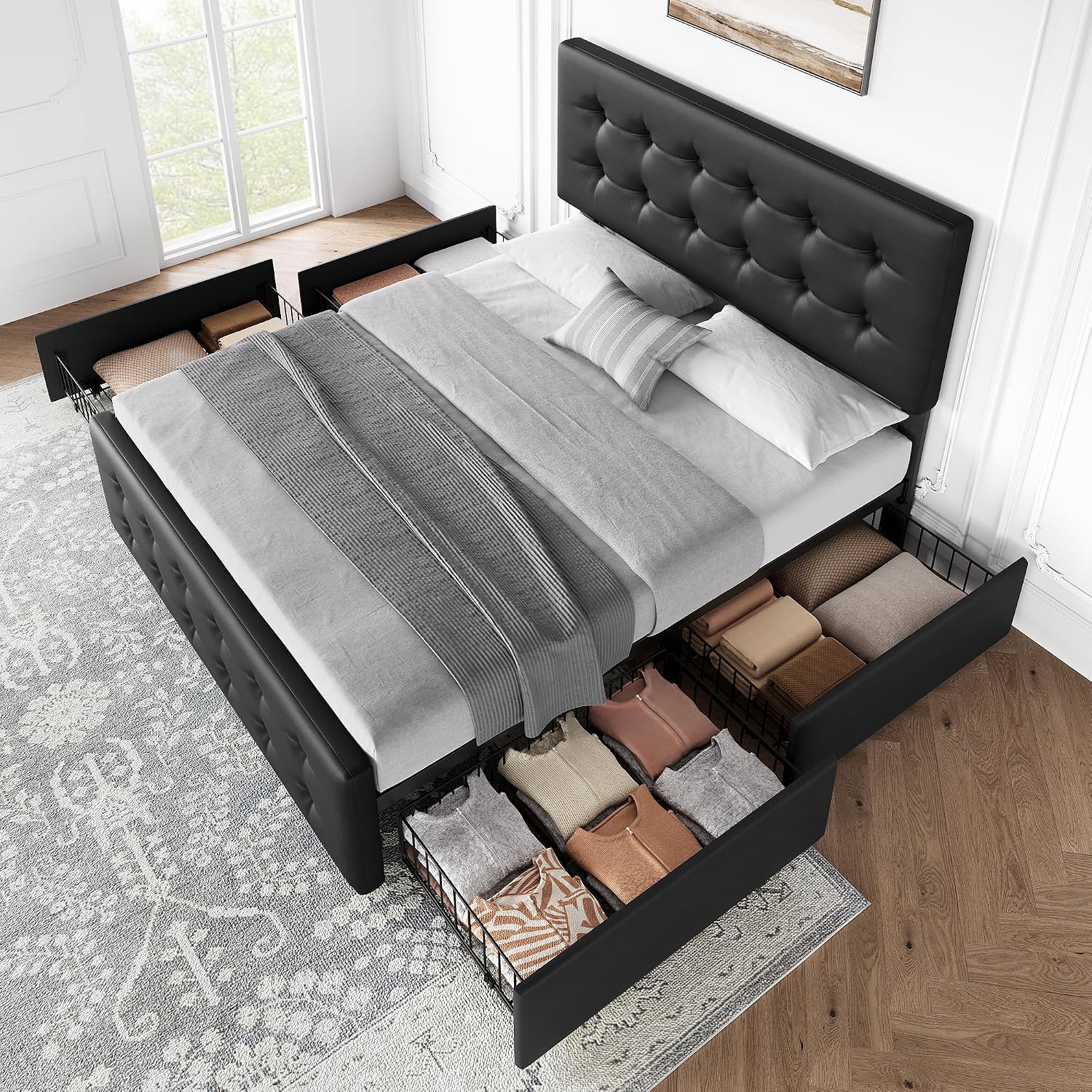 IDEALHOUSE Queen Size Bed Frame with 4 Storage Drawers and Headboard, Faux Leather Upholstered Platform Bed Frame with Wooden Slats Support, Button Tufted Design, No Box Spring Needed, Black