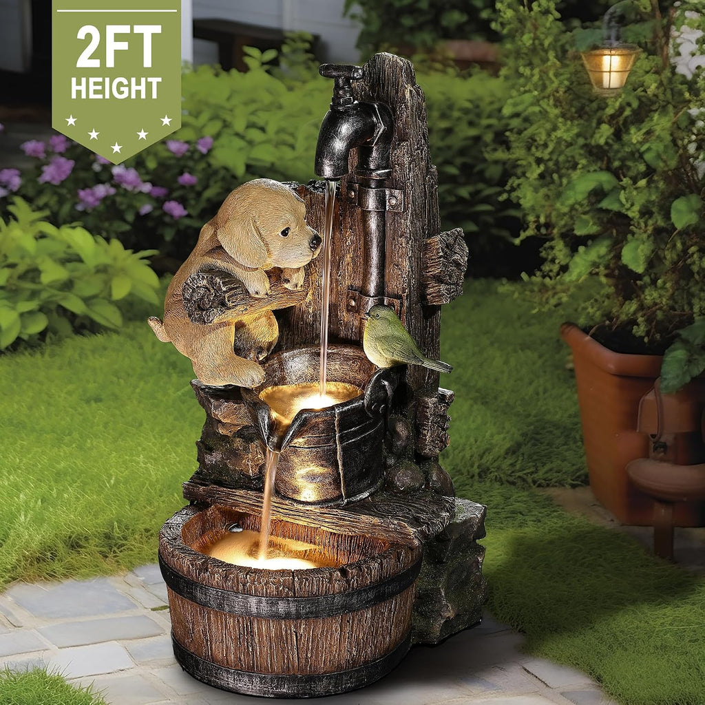 LuxenHome Water Fountain Outdoor, 25' Whimsical Puppy Dog Resin Outdoor Water Fountain with LED Lights, Decorative Garden Waterfall Fountains Indoor and Outdoor for Patio, Garden Decor
