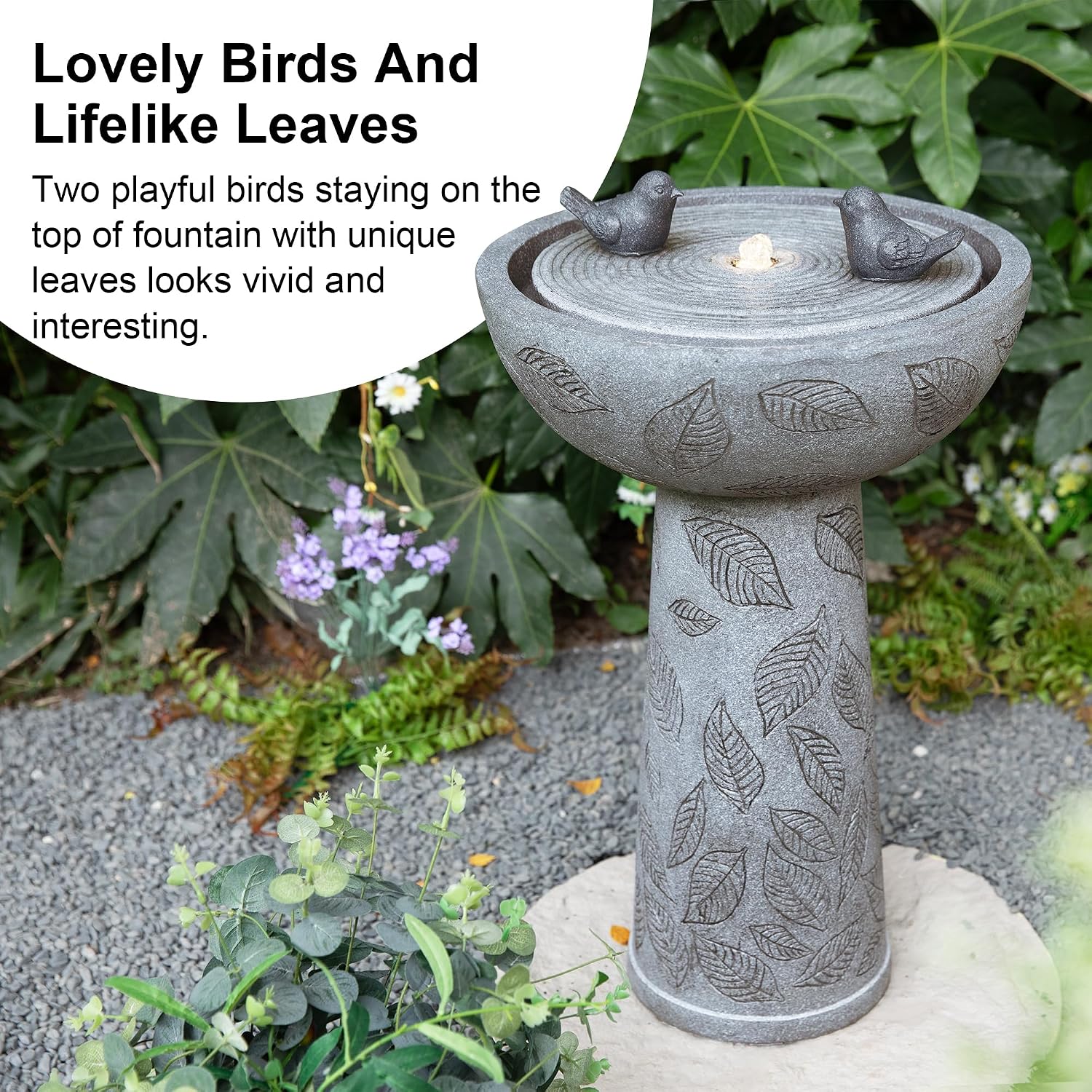 Glitzhome Outdoor Water Fountain with Lights & Pump, Bird Bath Fountain with Birds, 27.5' H Polyresin Floor Waterfall Fountains Water Feature for Garden, Yard, Patio, Home Decor